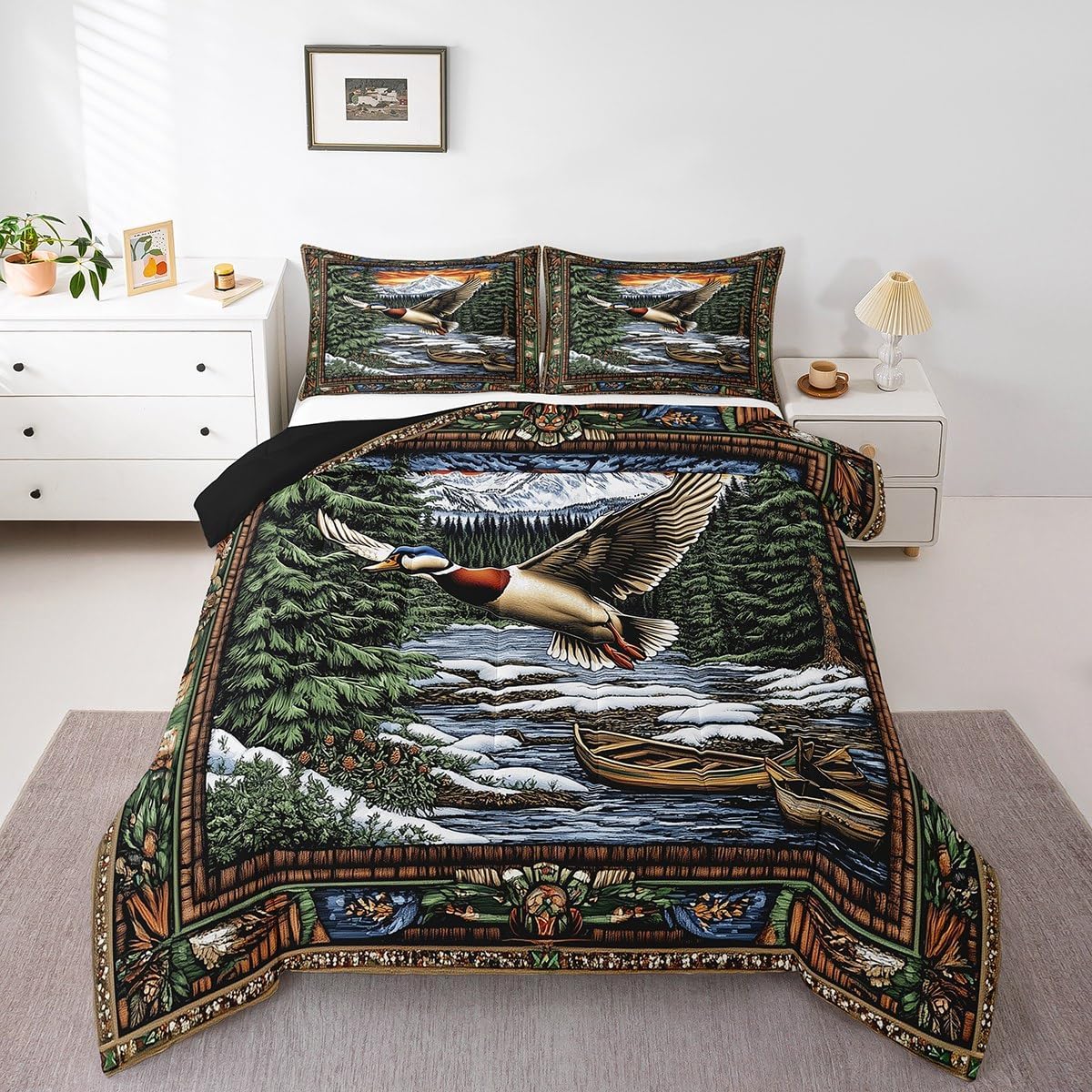 Castle Fairy Lake House Boating Bed Comforter Set Queen Size,Duck Animals Hunting Adventureg Super Soft Microfiber Bedding Set for Adults Teens,Country Cabin Boat Fishing Comforter Set,2 Pillowcases