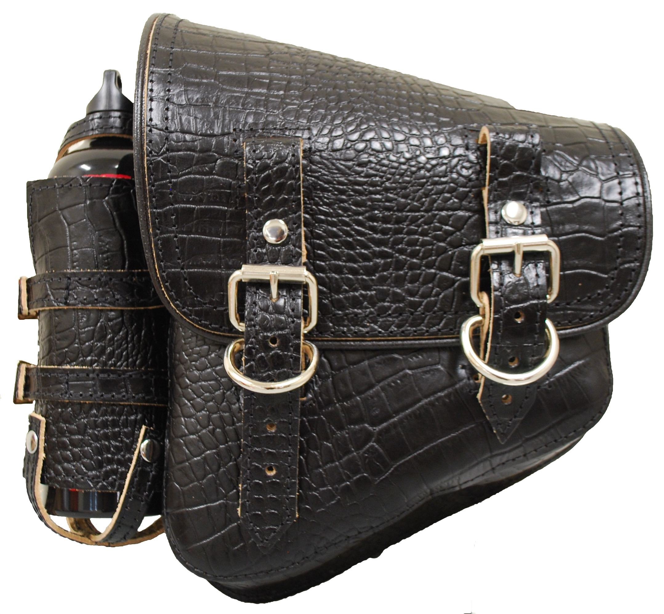 La Rosa Design Harley Davidson All Softail and Rigid Frame Left Side Solo Saddle Bag Black Alligator with Fuel Bottle Holder and Quick Release Buckle