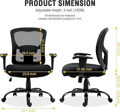 Miniatura 14 de Bigroof Silla de oficina en casa, silla de escritorio ergonómica de malla de 400 libras con brazos de apoyo lumbar ajustables, respaldo alto,