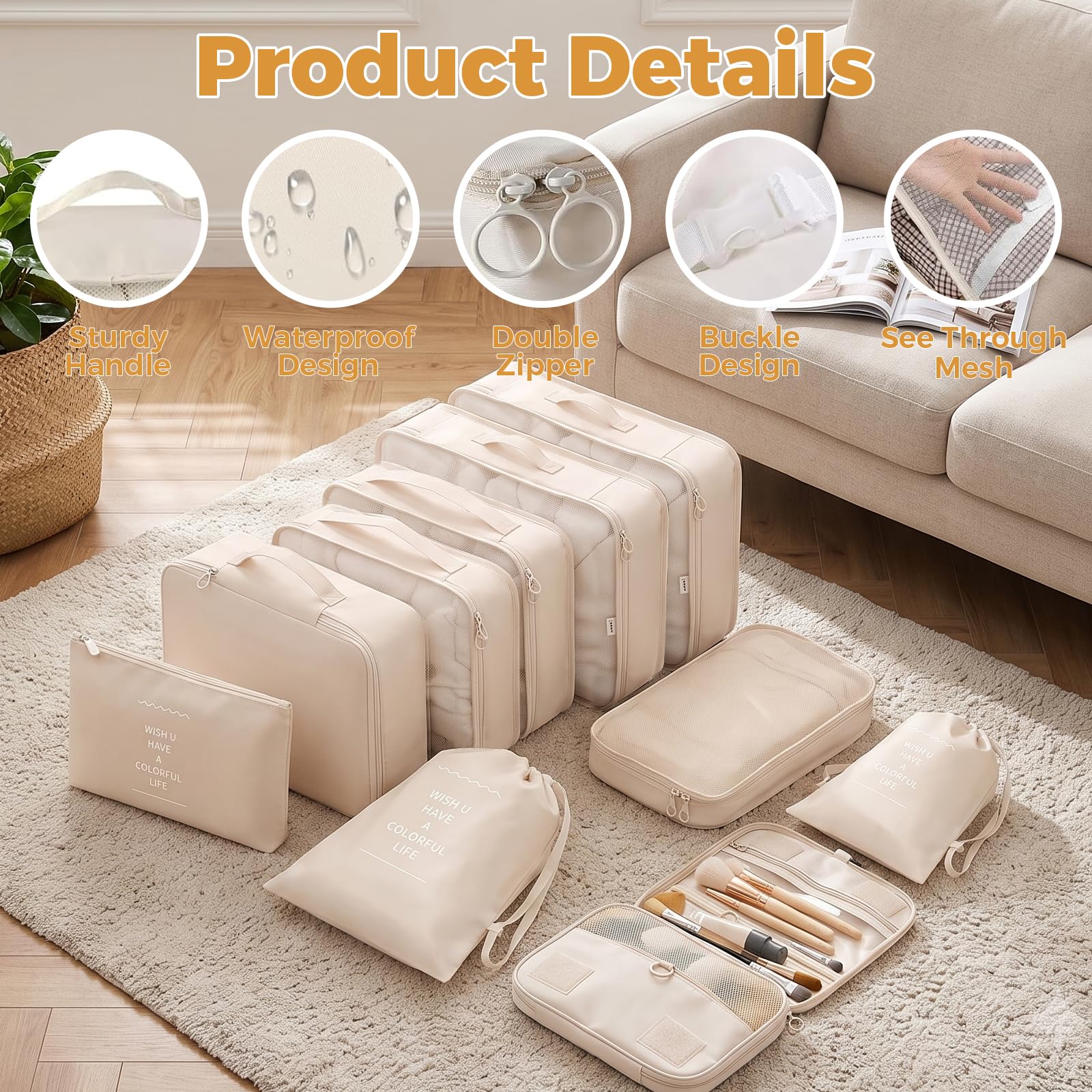 LANSKLBD 4/6/8/10 Set Packing Cubes for Suitcases Travel Luggage Packing Organizers,Travel Accessories Essentials Luggage Organizer with Shoe/Tioletry/Laundry Bag (Beige, 10 set) view 6