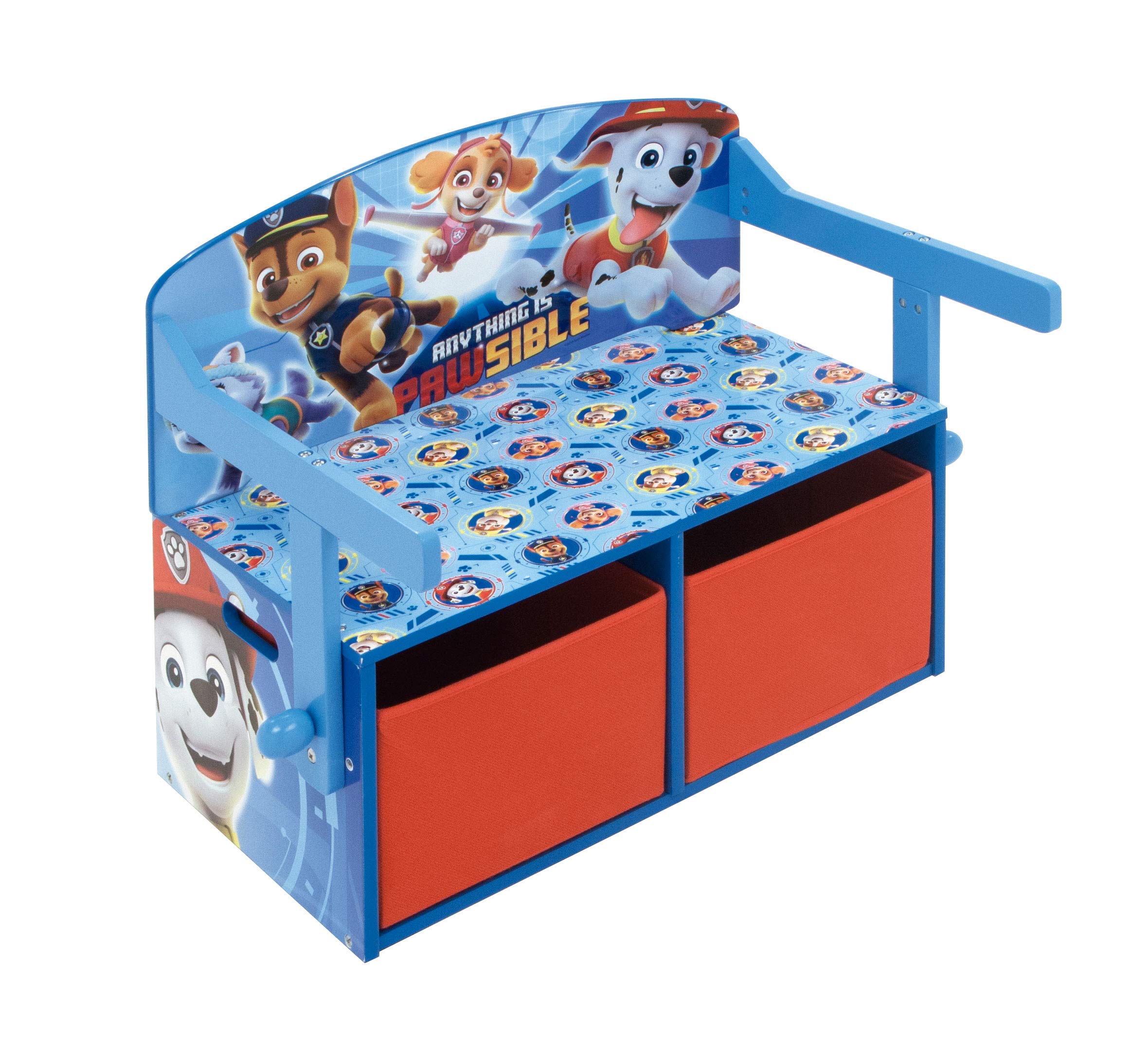 ARDITEX - Banco pupitre Infantil de Madera Convertible en Escritorio con almacenaje Inferior de La Patrulla Canina (Paw Patrol) - 60x47x56cm - Color Azul y Naranja - Ideal para Dormitorio Infantil