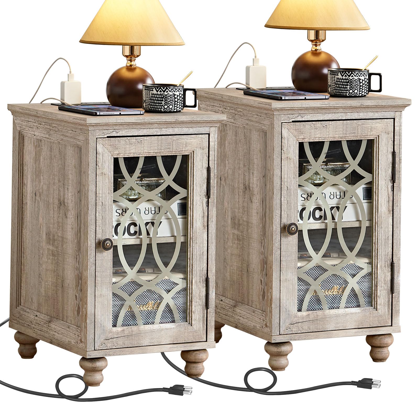 Narrow Side Table with Charging Station Set of 2, Night Stand with Glass Door,Bedside End Tables with Adjustable Shelf Storage Cabinet,Wood Nightstand for Small Spaces Living Room Bedroom with Charger Grey Oak 2