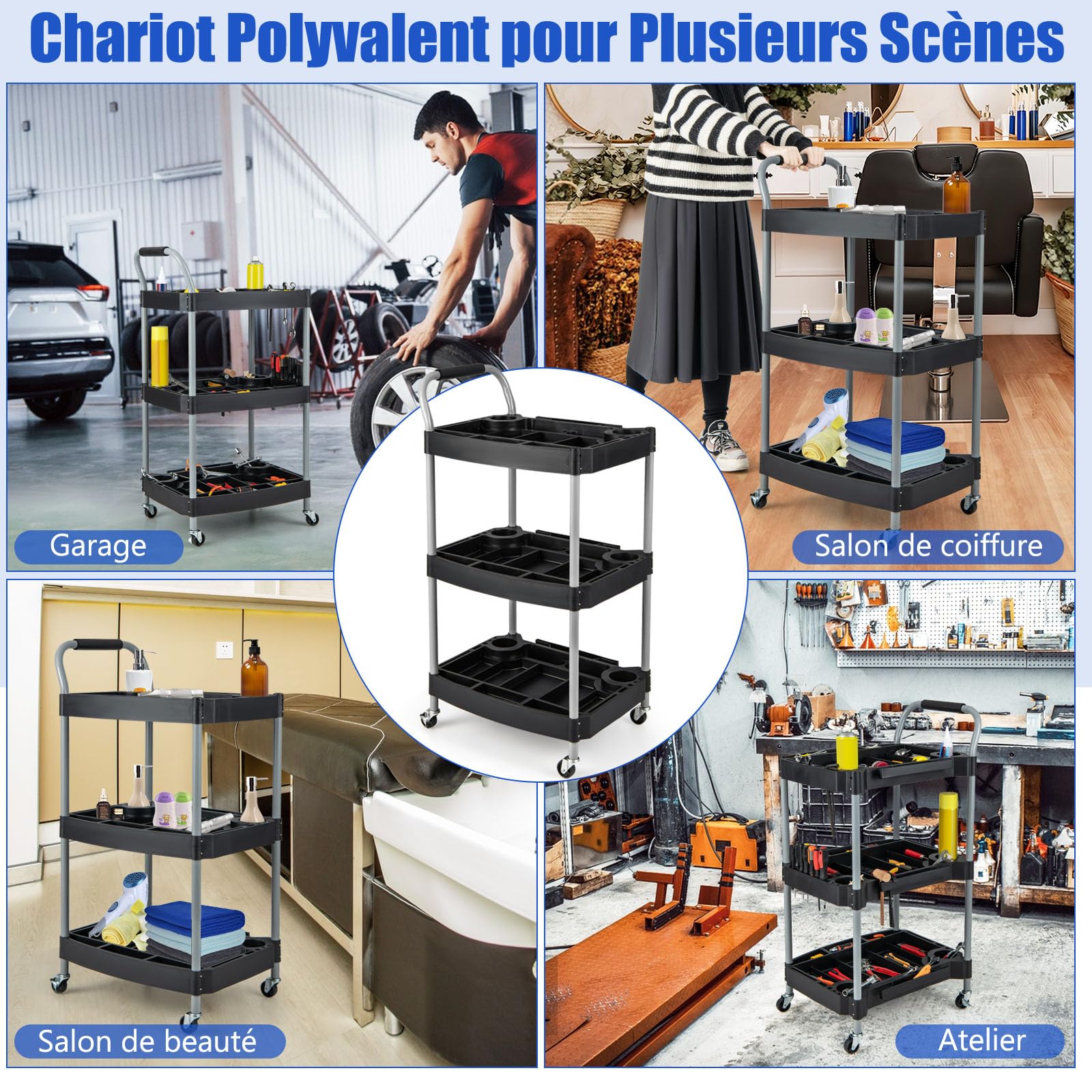 GYMAX Chariot de Rangement à roulettes 3 Niveaux, Cadre en Métal, Poignée Pratique, Organisateur pour Outils, Roues Universelles, pour Garage, Salon de Coiffure, Salon de Beauté, Atelier