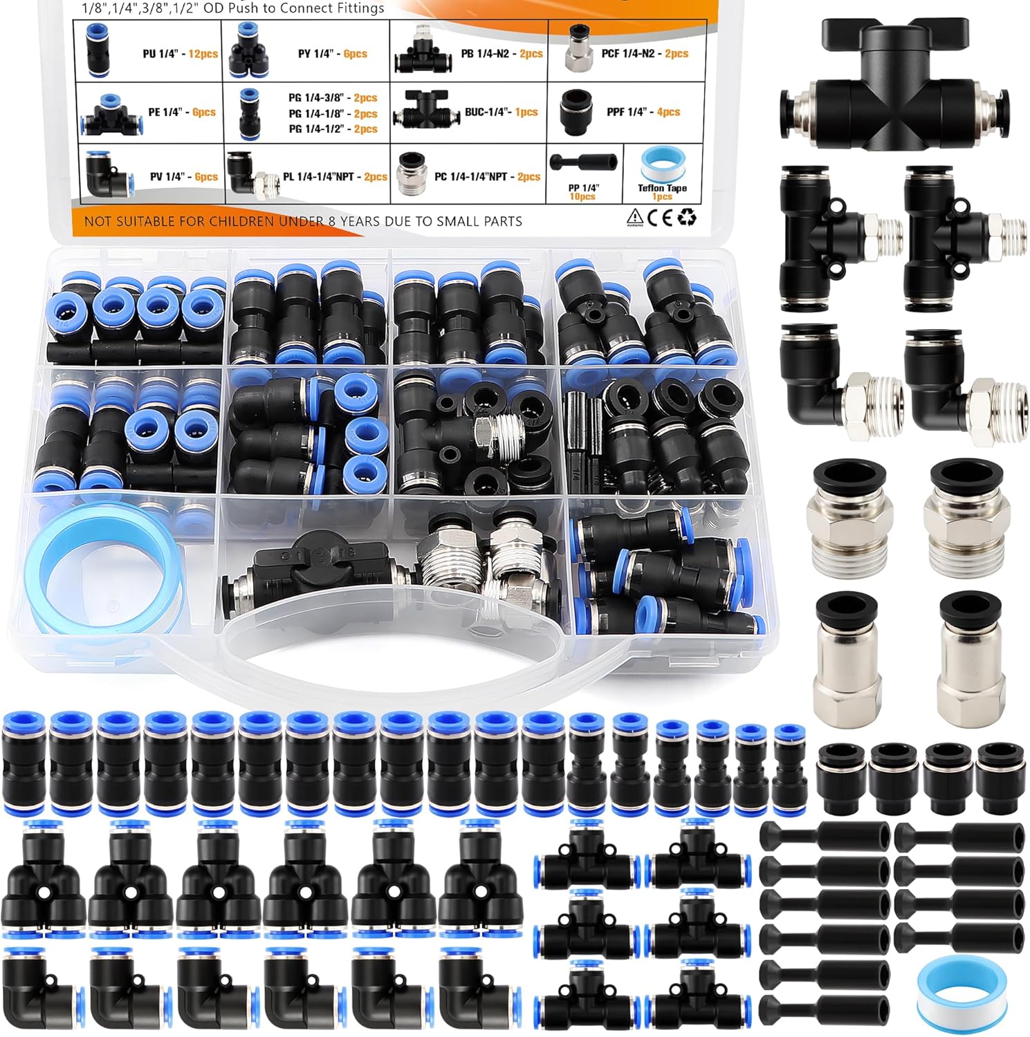 60Pcs 1/4" Quick Connect Air Hose Fittings Assortment Kit,Push to Connect Fittings,with NPT Thread Air Line Fittings for Air Brake System