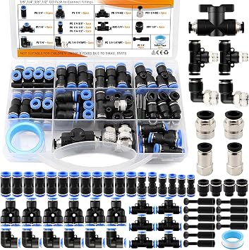 60Pcs 1/4" OD Push to Connect Fittings Assortment Kit,Quick Connect Air Hose Fittings Kit,with NPT Thread Pneumatic Fittings for Air Brake System,Air Compressed