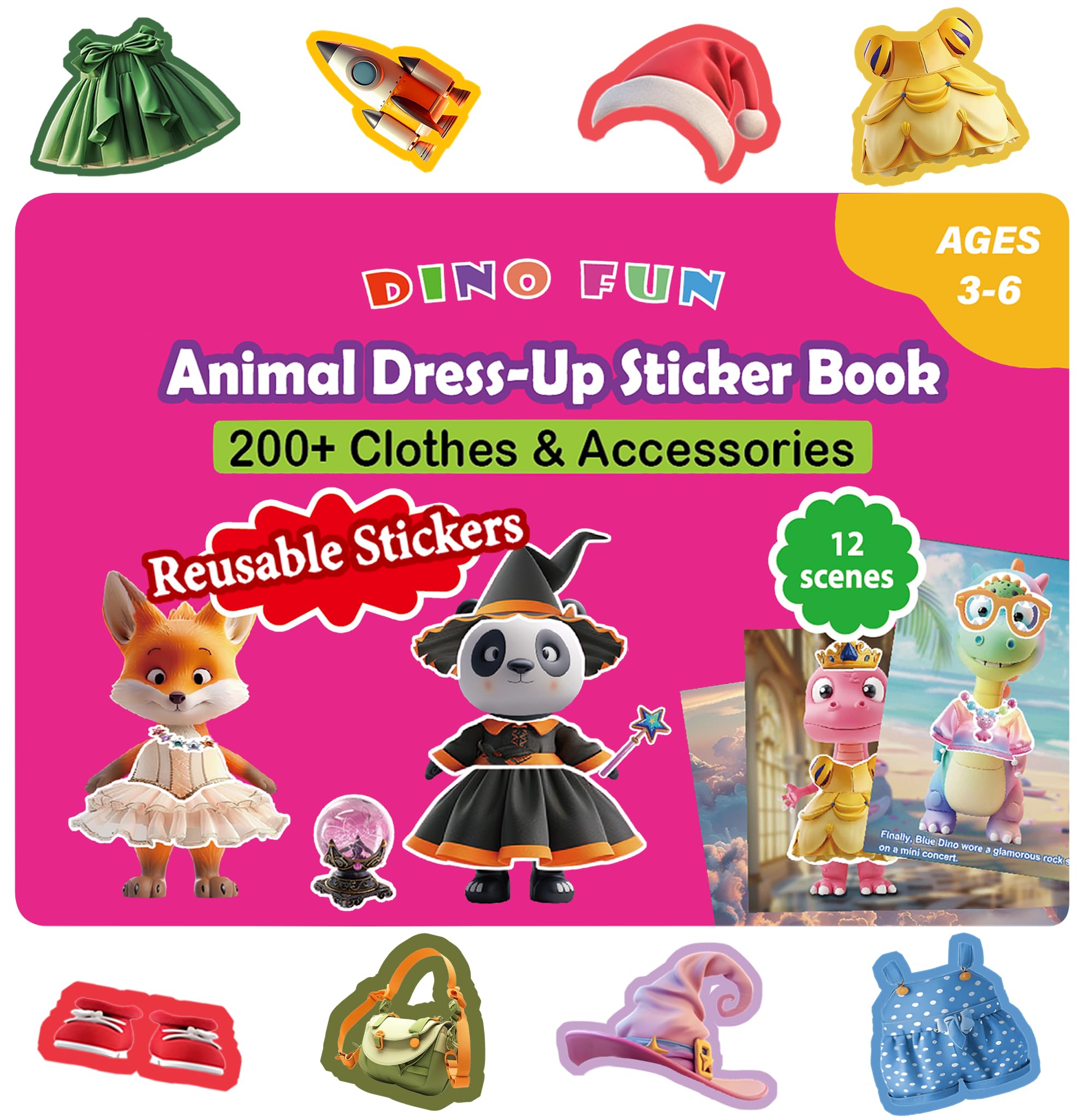 Dino Fun Animal Dress-up Sticker Book for Kids, Reusable Sticker Book for Toddlers 2-4 Years,12 Animals+Over 200 Cloths & Accessories,Sticker Dress up - Removable Sticker Activity Book for Girls