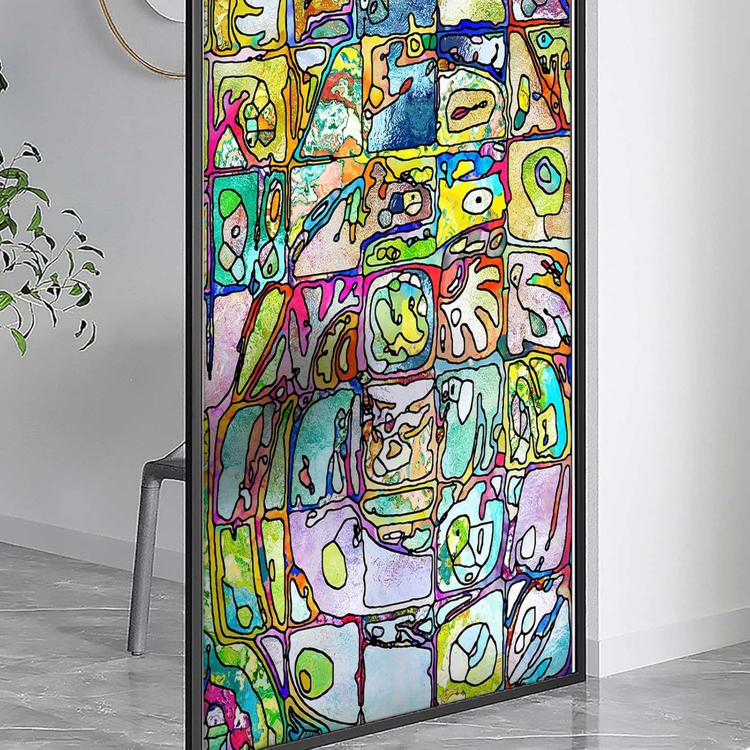 Stained Glass Privacy Window Film Abstract Colorful Anti-UV Glass Sticker Window Covering for Home Office Decorative 35.4 x 59 in