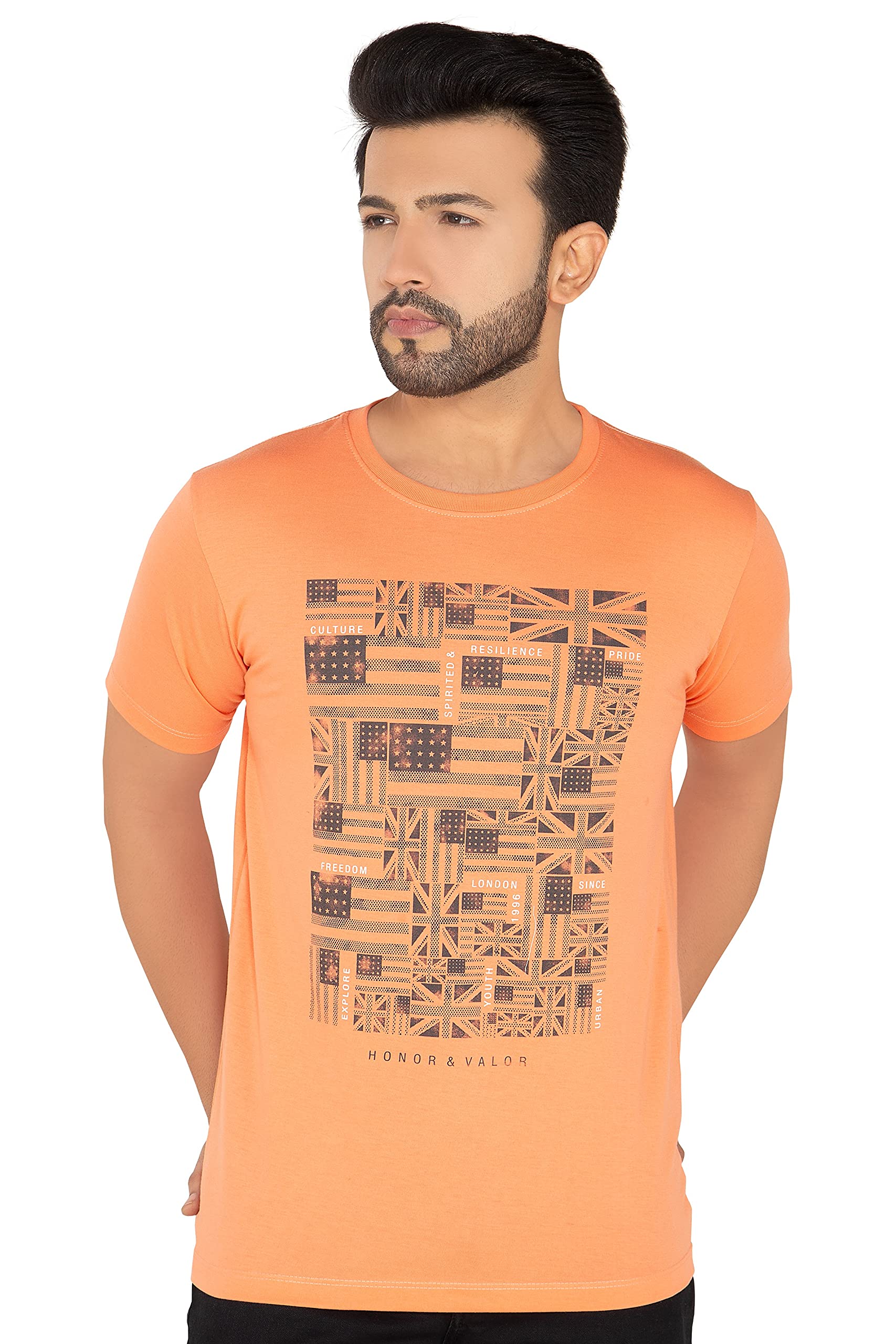 AwackPure Cotton Lycra Round Neck Half Sleeve Front Chest Printed Slim Fit T-Shirt (Tee) for Men