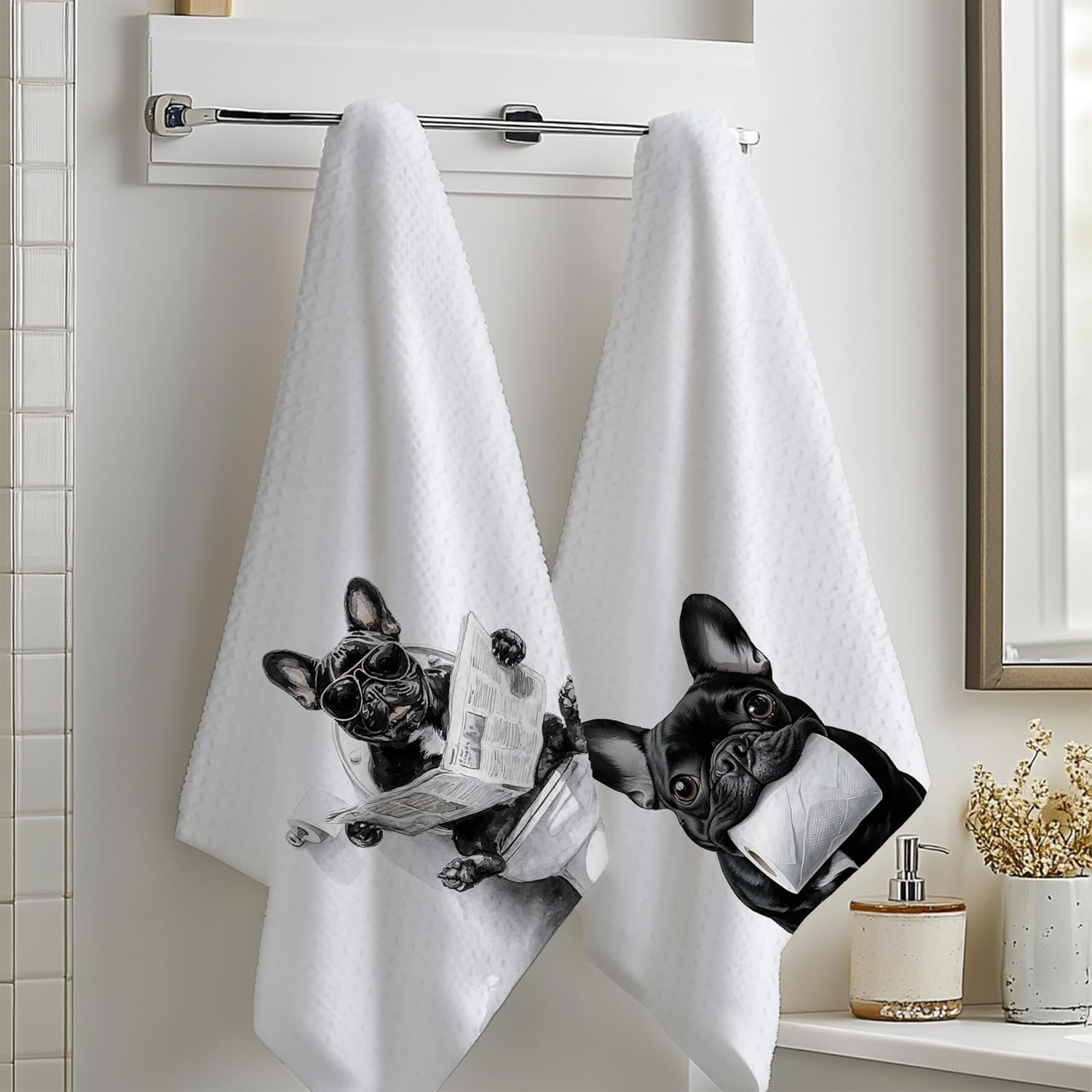 French Bulldog Gifts Hand Towels for Bathroom Set of 2, French Bulldog Dog Bathroom Decor, Frenchie Wash Decor, Frenchie Gifts for Women, 16x24 Inch - Image 2