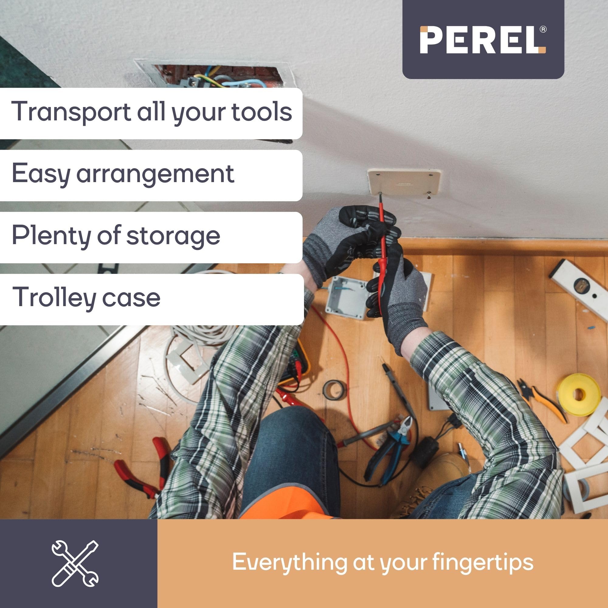 Perel Valigia portautensili, trolley, maniglia telescopica, portautensili, divisori regolabili, serratura a chiave, 2 chiavi, ABS, nero, 461 x 335 x 190 mm