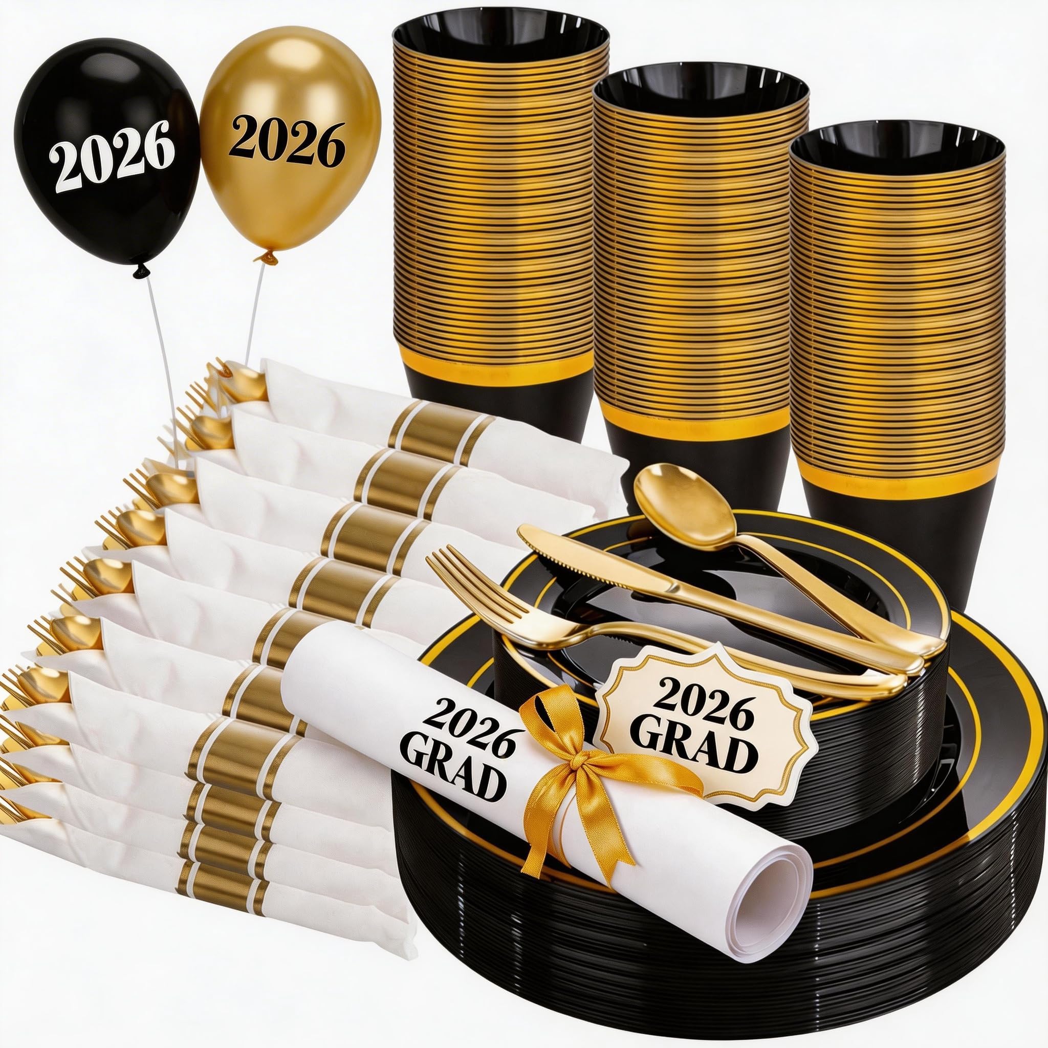 WELLIFE 210PCS Black and Gold Plastic Plates - Plastic Dinnerware Set for 30 Guests,Include 30 Dinner Plates, 30 Dessert Plates, 30 Black Cups 9 OZ, 30 Pre Rolled Napkins with Gold Silverware
