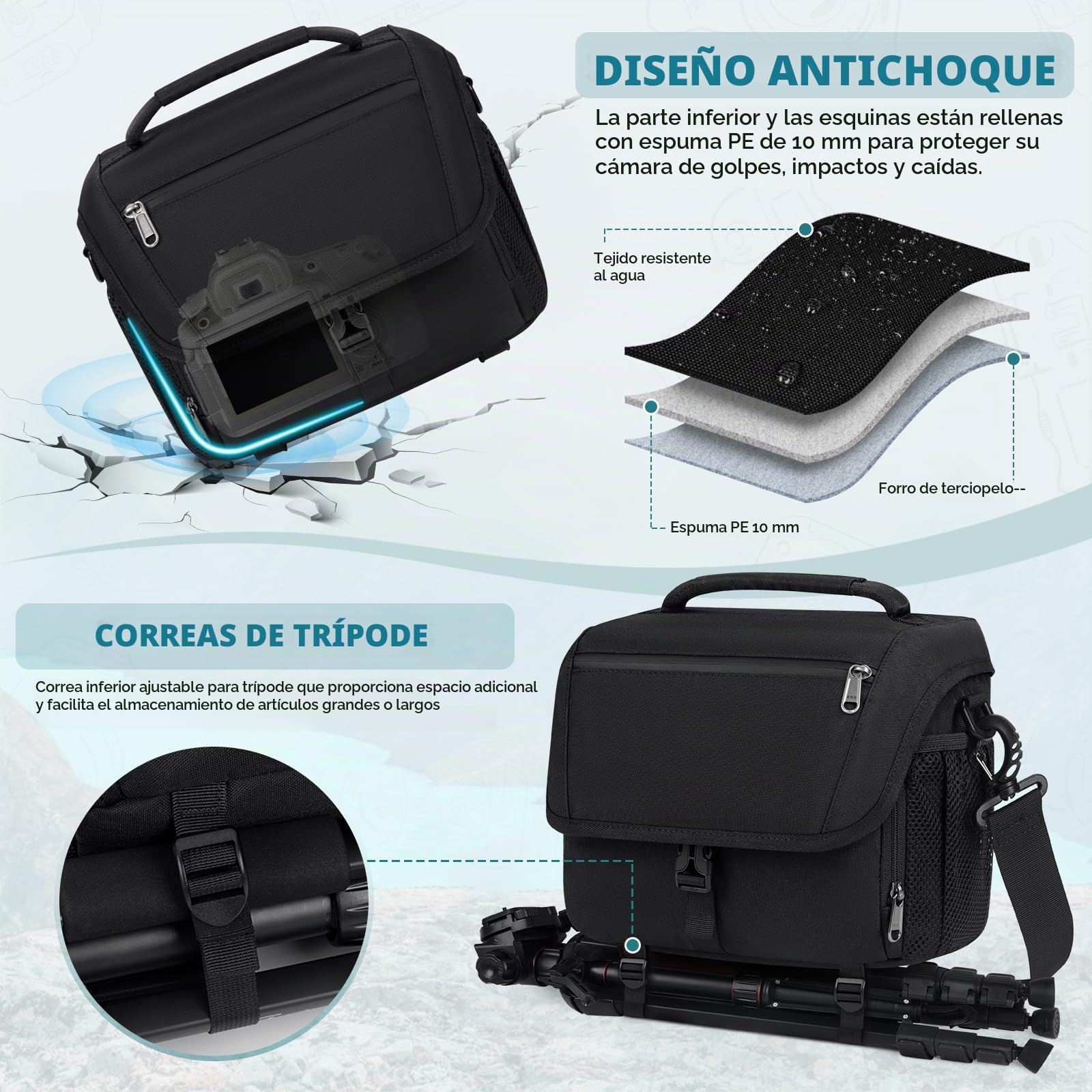 RAINSMORE Bolsa Camara Reflex fotografica con cámara Digital SLR DSLR Impermeable Funda cámaras Camera Bag Estuche Protector Ajustable con Porta Negro