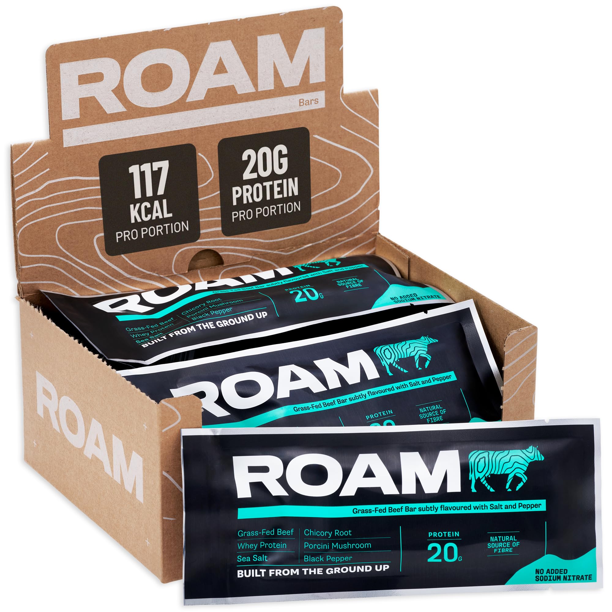 ROAM Low Carb Proteinriegel aus Rindfleisch – Salt, Pepper & Steinpilz – High Protein Energieriegel, Keto Snack & Mahlzeitenersatz – 12 x 45g – Glutenfrei, Gesunder Fitness Snack