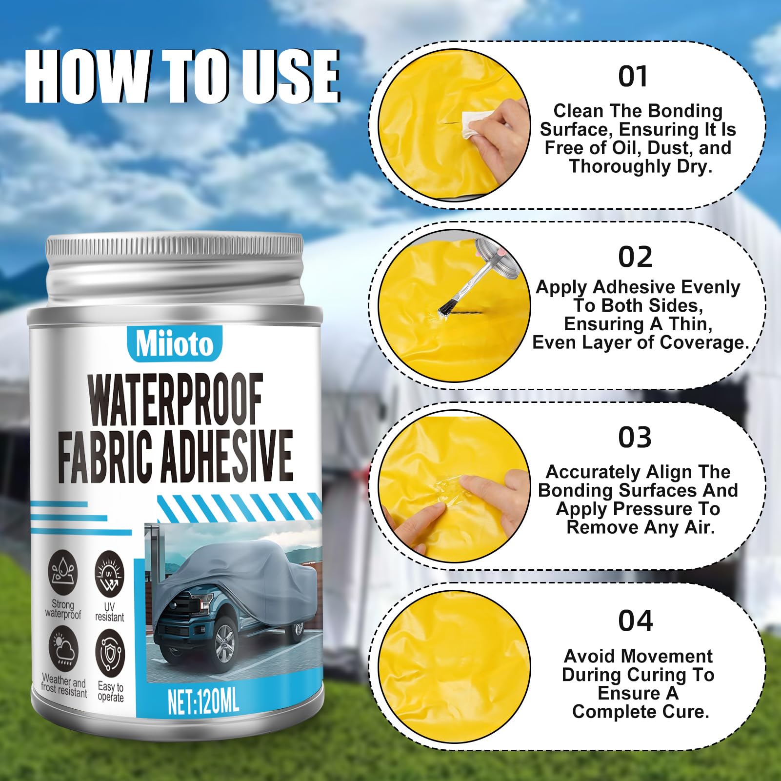 Miioto Pegamento PVC, Pegamento para Lona de Tela, Adhesivo para Lona de Tela con Brocha, Ideal para Lonas, Tiendas de Campaña, Lonas para Camiones y Reparaciones en Exteriores, 120ML