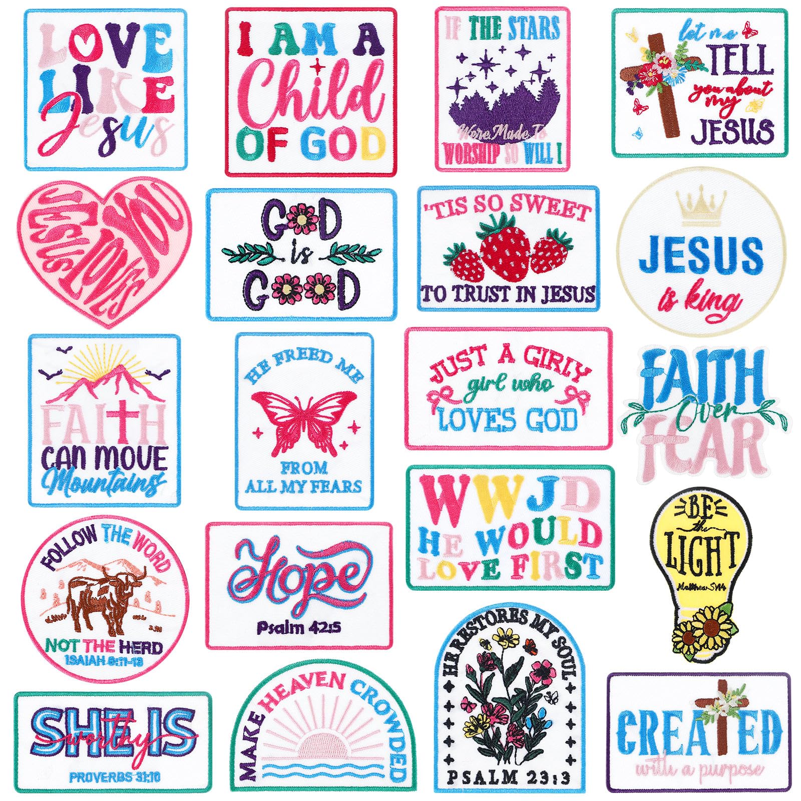 Wavwavw 20 parches cristianos para planchar con texto en inglés "Love Like Jesus", bordado para sombrero de camionero, apliques para coser, versículo bíblico, religioso, accesorios de bricolaje para