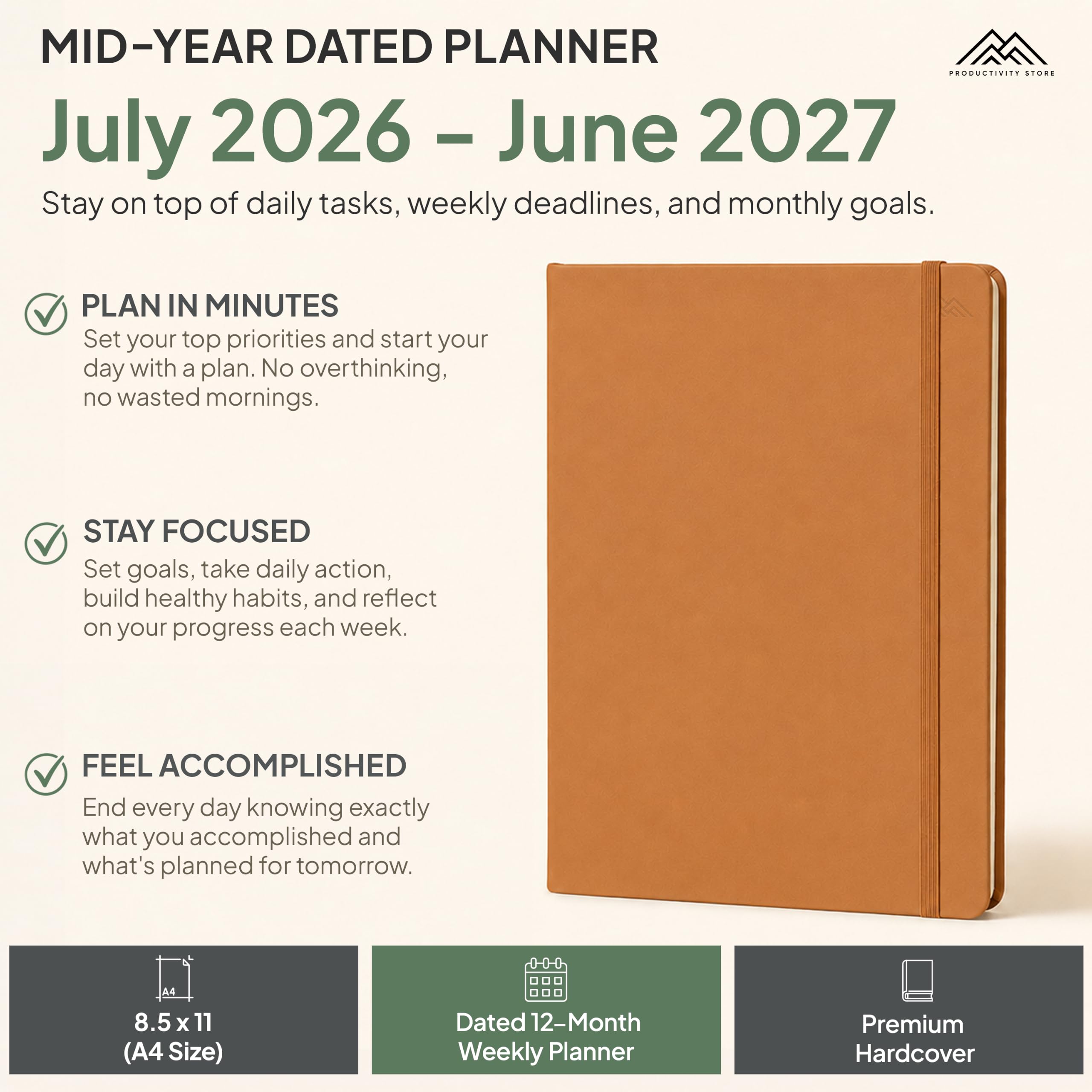 Lipiec 2024-2025 Planer, 8,5 x 11 Pro Max, terminarz produktywności i biznesowy, planer dzienny, planer tygodniowy i miesięczny, skórzany, A4, Productivity Store