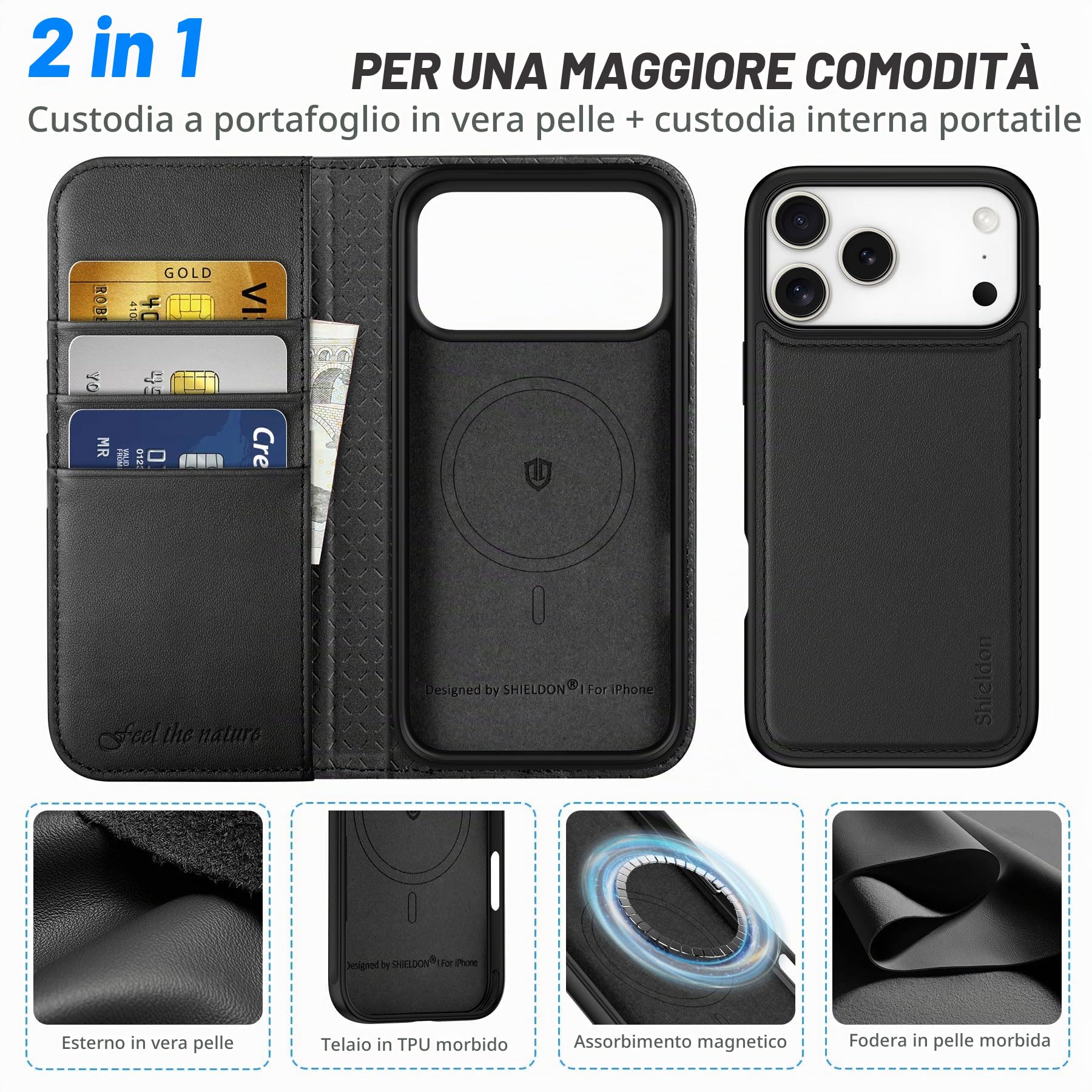 SHIELDON Custodia Vera Pelle per iPhone 17 Pro Max 6,9" 5G 2025, Nero