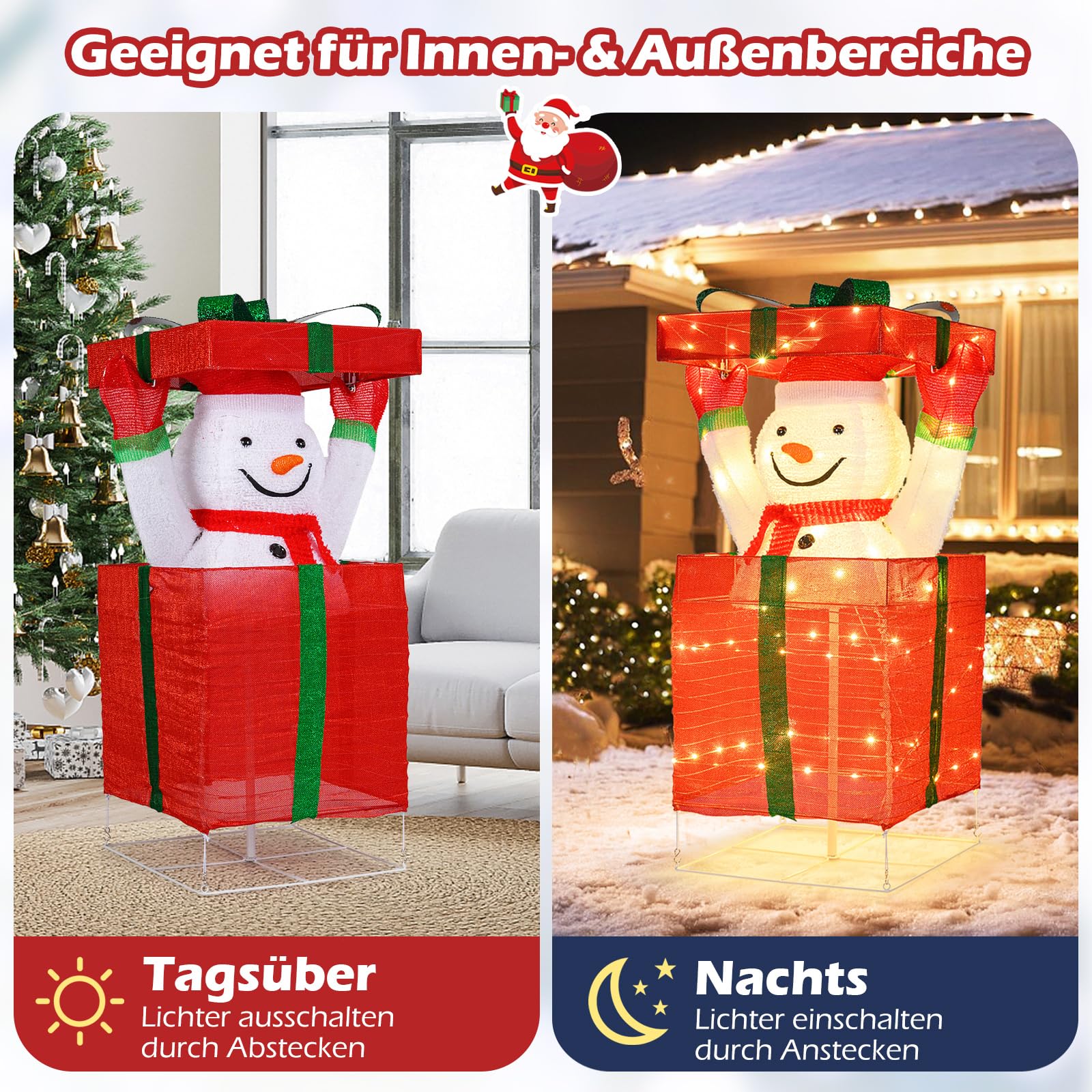 COSTWAY LED Schneemann in Geschenkbox, 115 cm beleuchtete Weihnachtsdeko mit 100 warmweißen LED-Lichtern, Weihnachtsfigur Outdoor XXL, Weihnachtsbeleuchtung für innen & außen
