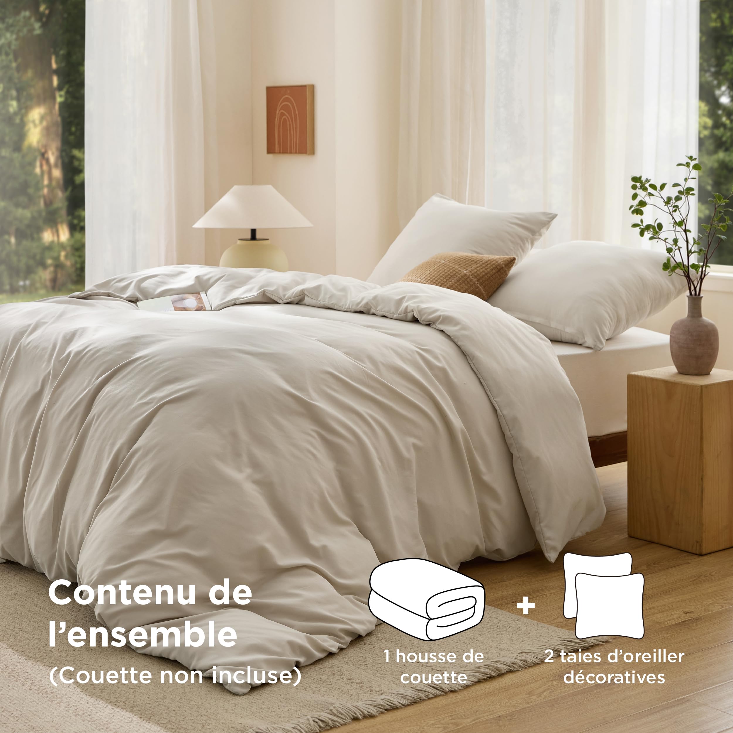 BEDSURE Juego de ropa de cama 240x220 de lino 3 piezas - 1 funda de edredón 240x220 cm + 2 fundas de almohada 65x65 cm, juego de ropa de cama de poliéster beige de microfibra con cremallera OEKO-TEX