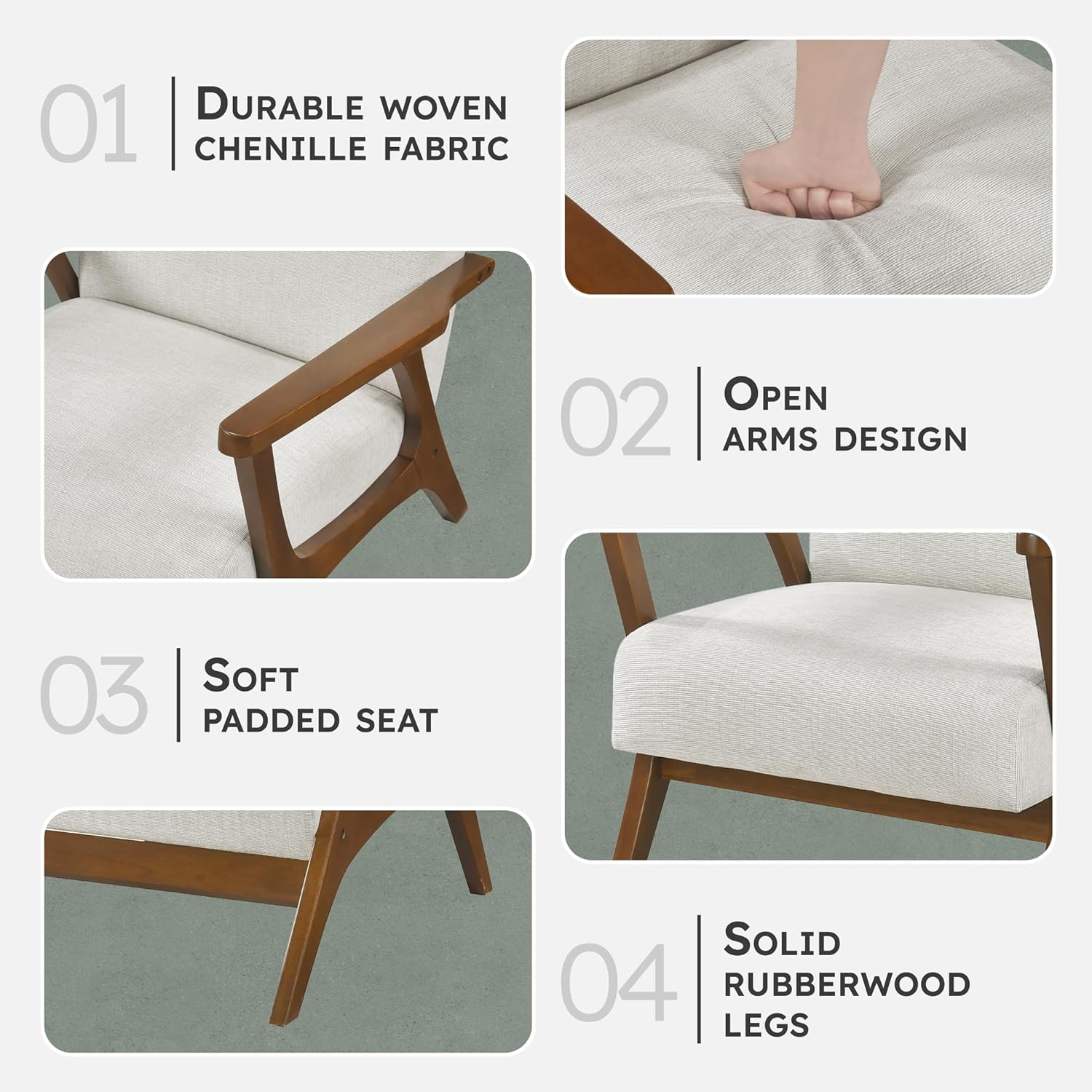 Lexicon Mid-Century Modern Accent Chair, Woven Chenille Fabric Lounge Chair, Chestnut Solid Wood Frame, Wide Arm Rest and Cushioned Comfort for Living Room/Office/Bedroom/Reading Nook, Beige