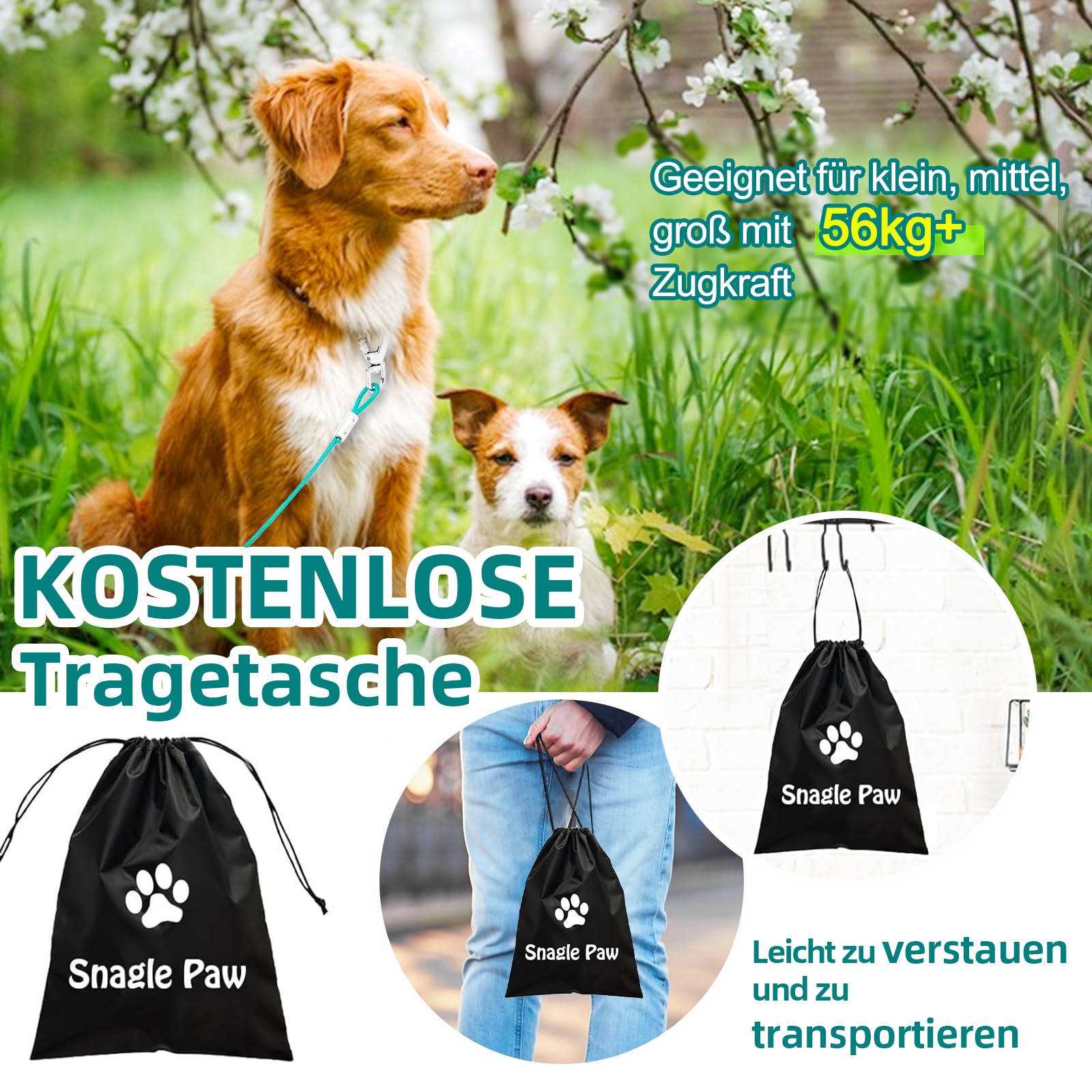 Guinzaglio da cortile per cani, 15 m, in lino, per cani con chiusura a vite, guinzaglio con molla ammortizzante fino a 50 kg, per animali domestici, resistente al morso, per campeggio.