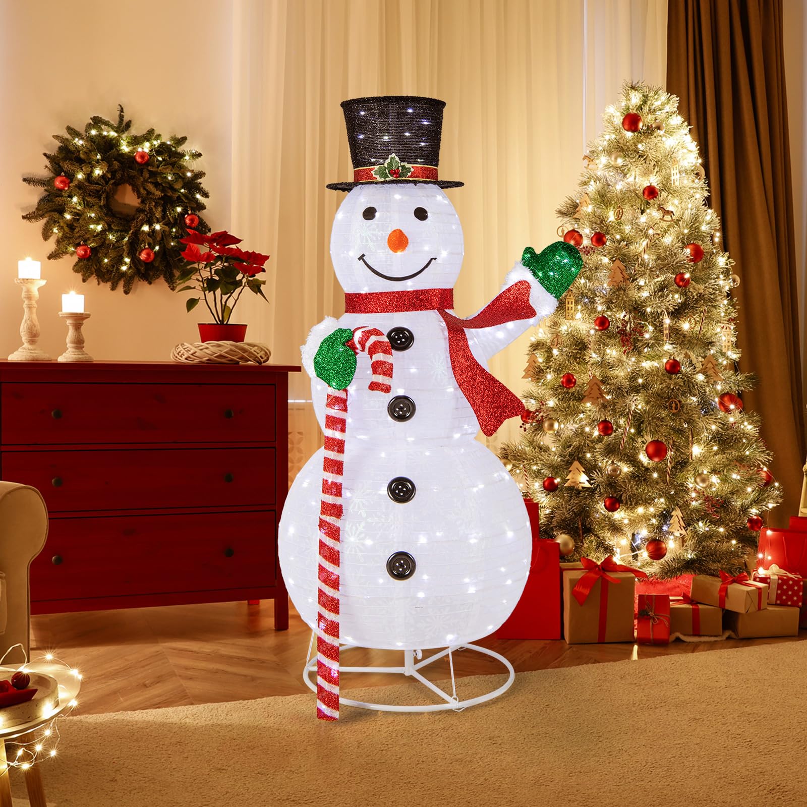 COSTWAY Pupazzo di Neve Luminoso da 150 cm, Decorazione Natalizia con 180 Luci LED, Cappello, Sciarpa, Decorazione Natalizia per Interni ed Esterni per Feste, Balcone, Giardino
