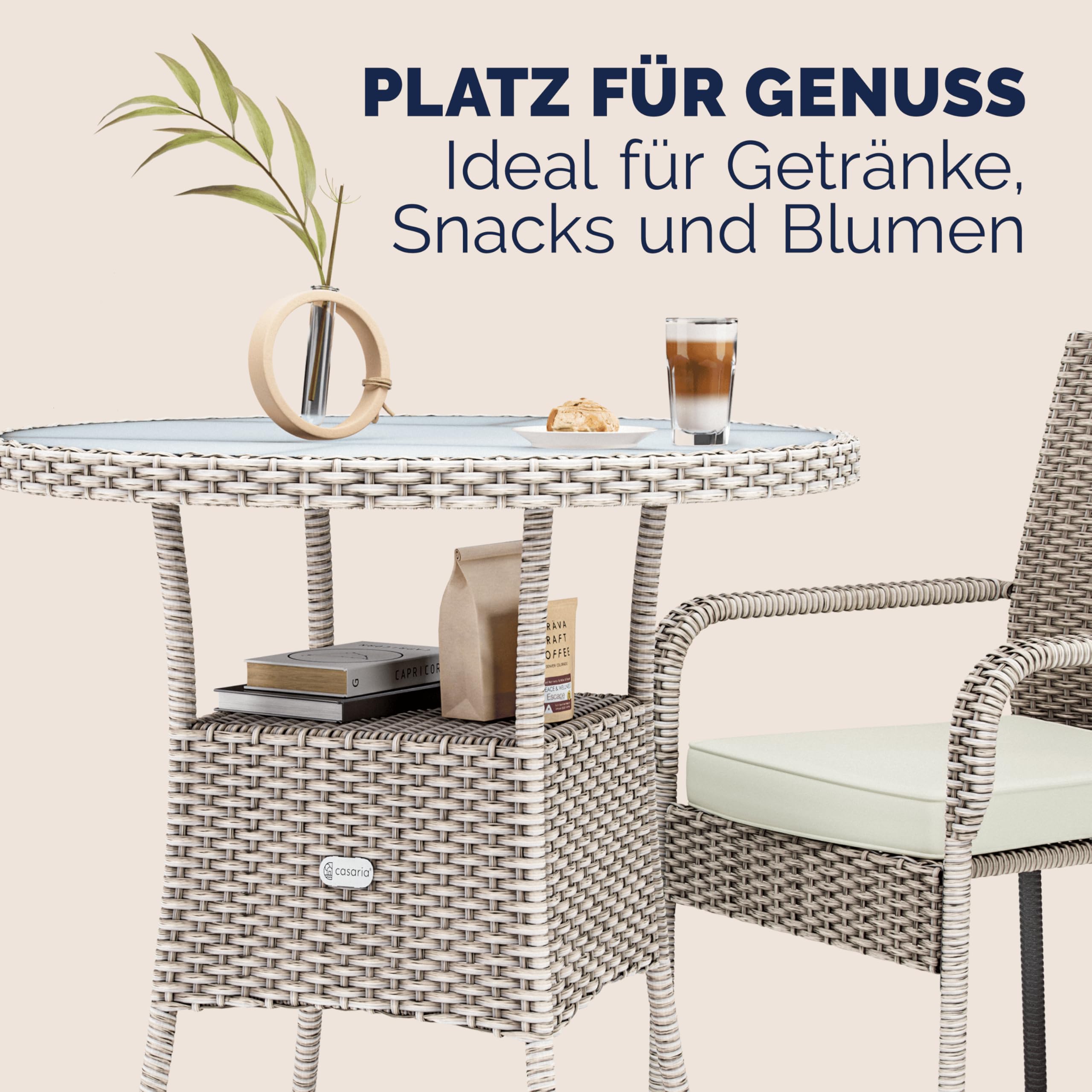 Casaria Table de Jardin Polyrotin Crème 60 cm Rond Extérieur Résistant aux Intempéries