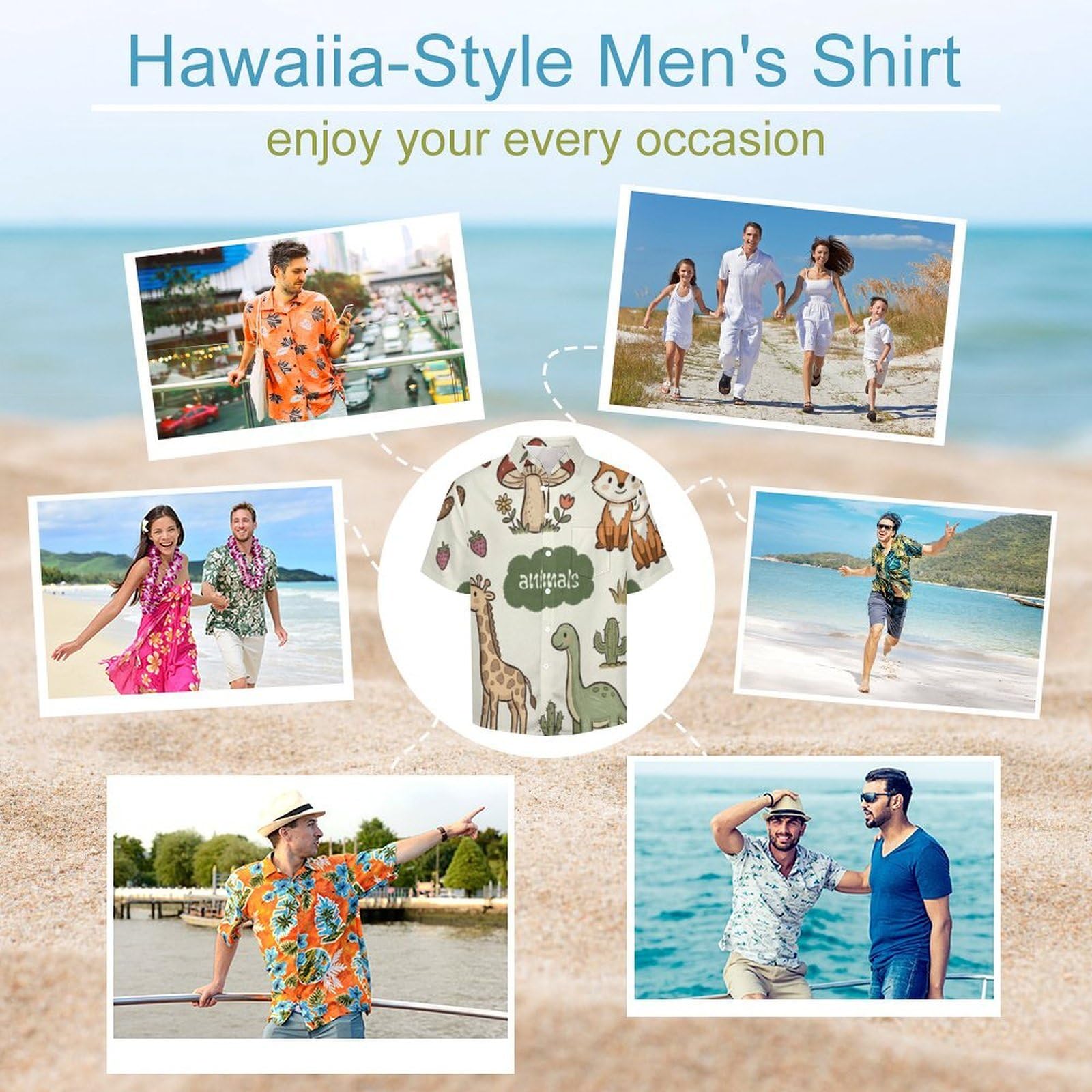 Camicia da Uomo a Maniche Corte con Bottoni, Stile Cartoni Animati Carini con Stampa Animali della Foresta, vestibilità Regolare, Camicie da Spiaggia Estiva Hawaiano, Aloha