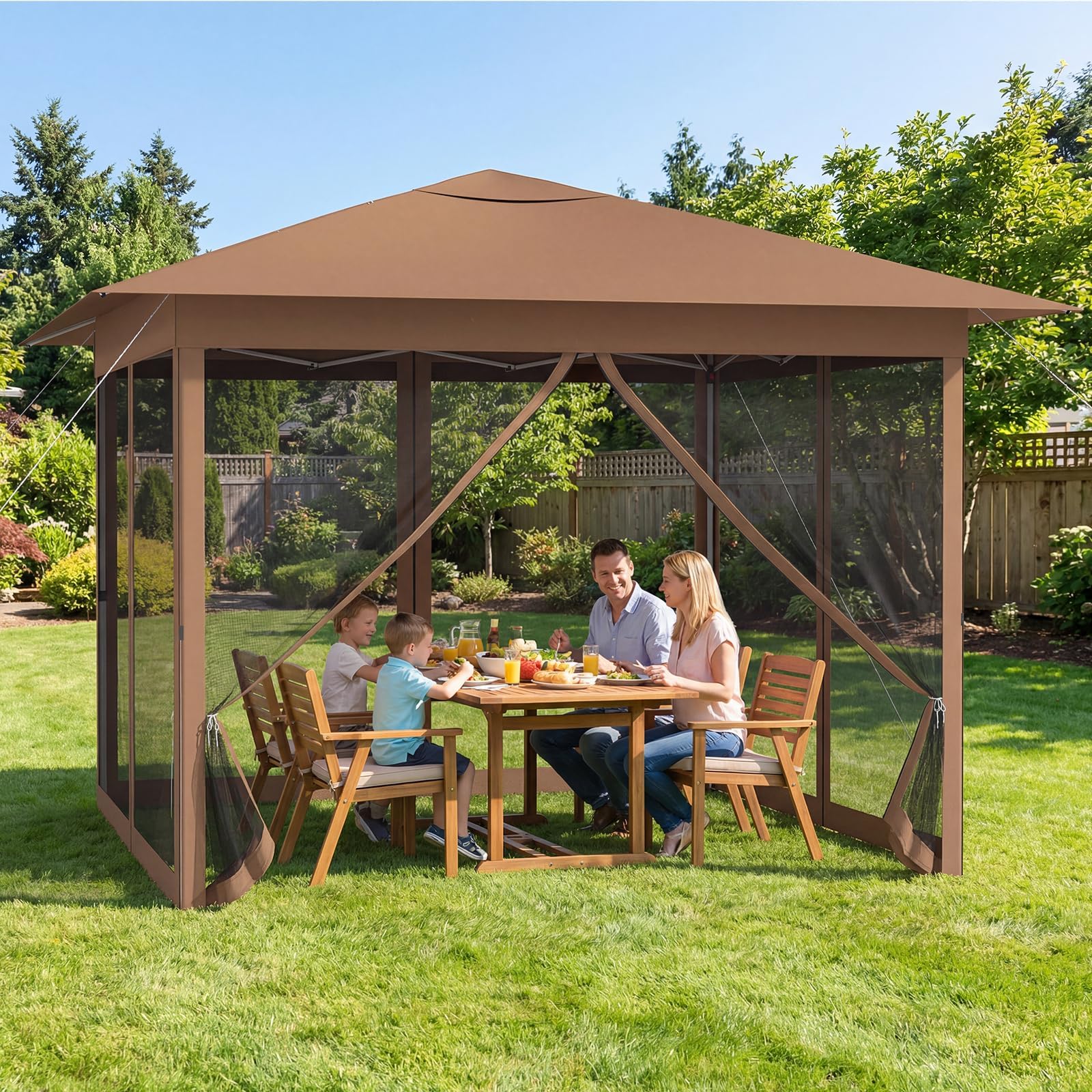 RELAX4LIFE Tonnelle Pliante 3x3 avec Moustiquaires, Tonnelle de Jardin Exterieur Pop-up Facile à Monter, Protection Solaire, Cadre Métallique, Sac de Transport, Pavillon de Jardin pour Terrasse