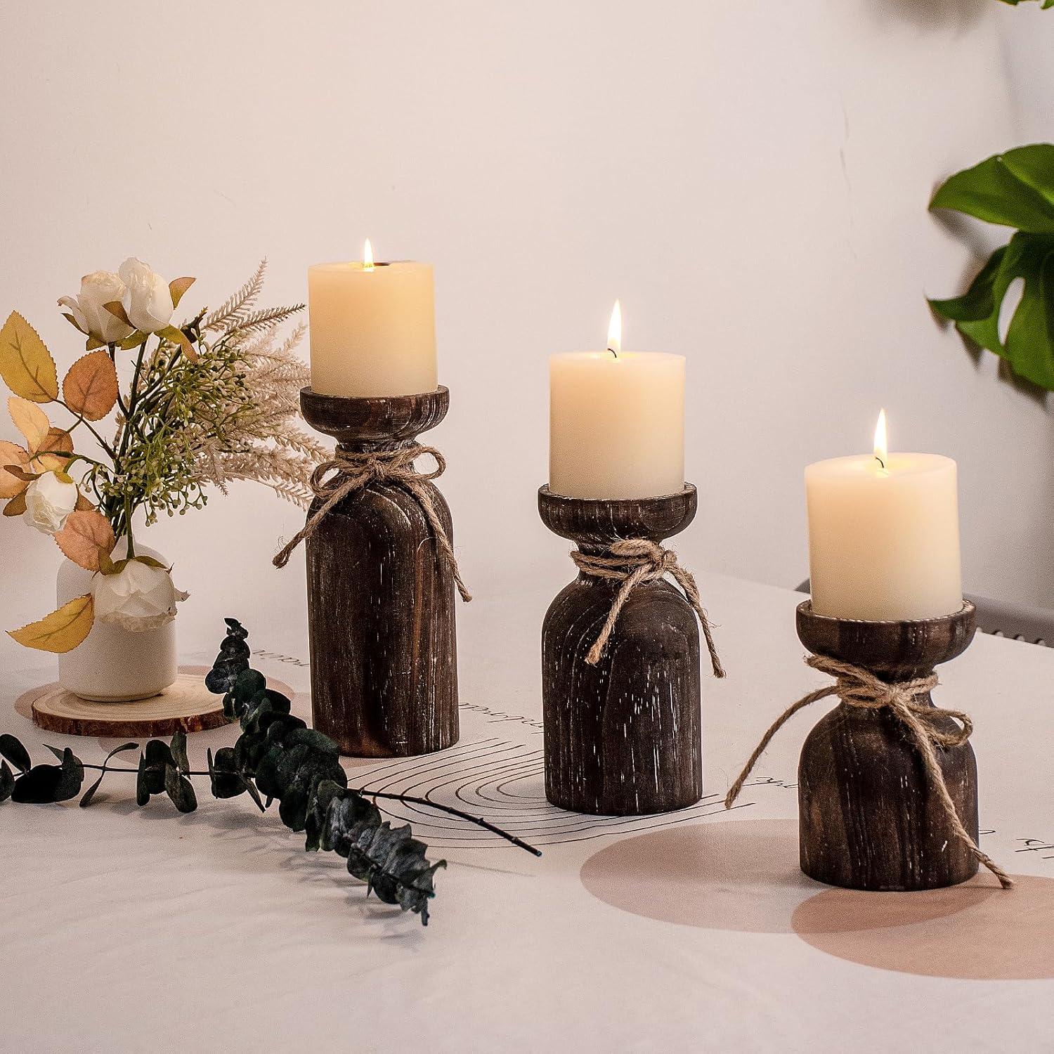 Farmhouse Wooden Candle Holders for Pillar Candles, Brown Distressed Set of 3 Rustic Wood Pillar Wood Candle Stands with Hemp Rope Bow Table Centerpiece Decor for Fireplace, Living, and Dining Room