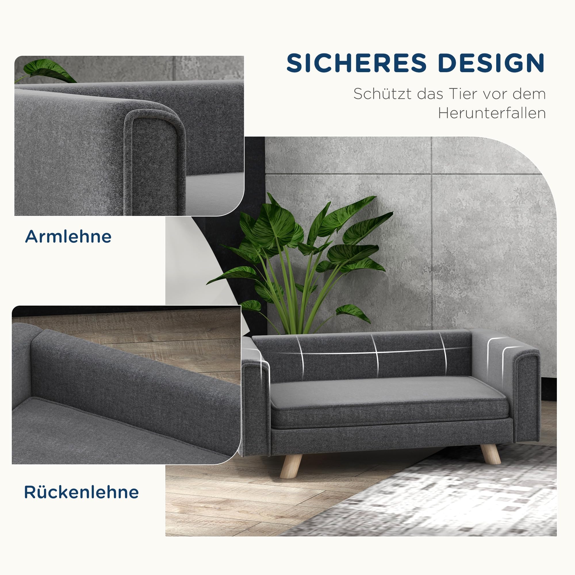 PawHut Hundesofa, Hundebett mit Erhöhtem Design, abnehmbarem und waschbarem Bezug, Haustiersofa mit Holzbeine, für kleine und mittelgroße Hunde, Grau