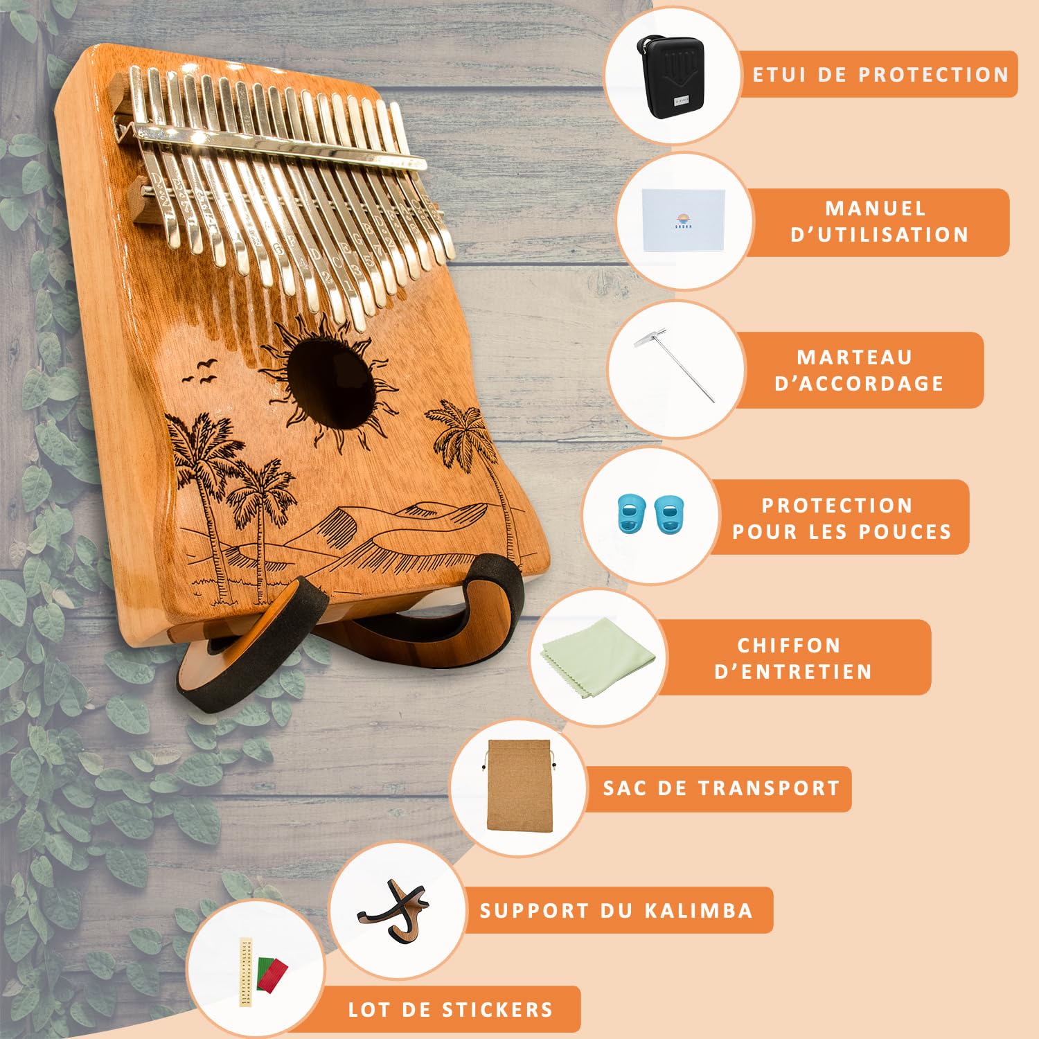 ORORA Kalimba Instrument de musique enfant et adulte, Piano à pouce 17 clés avec gravure et bois verni - Ebook de 50 partitions offert - Etui et accessoires d'entretien inclus - cadeau original