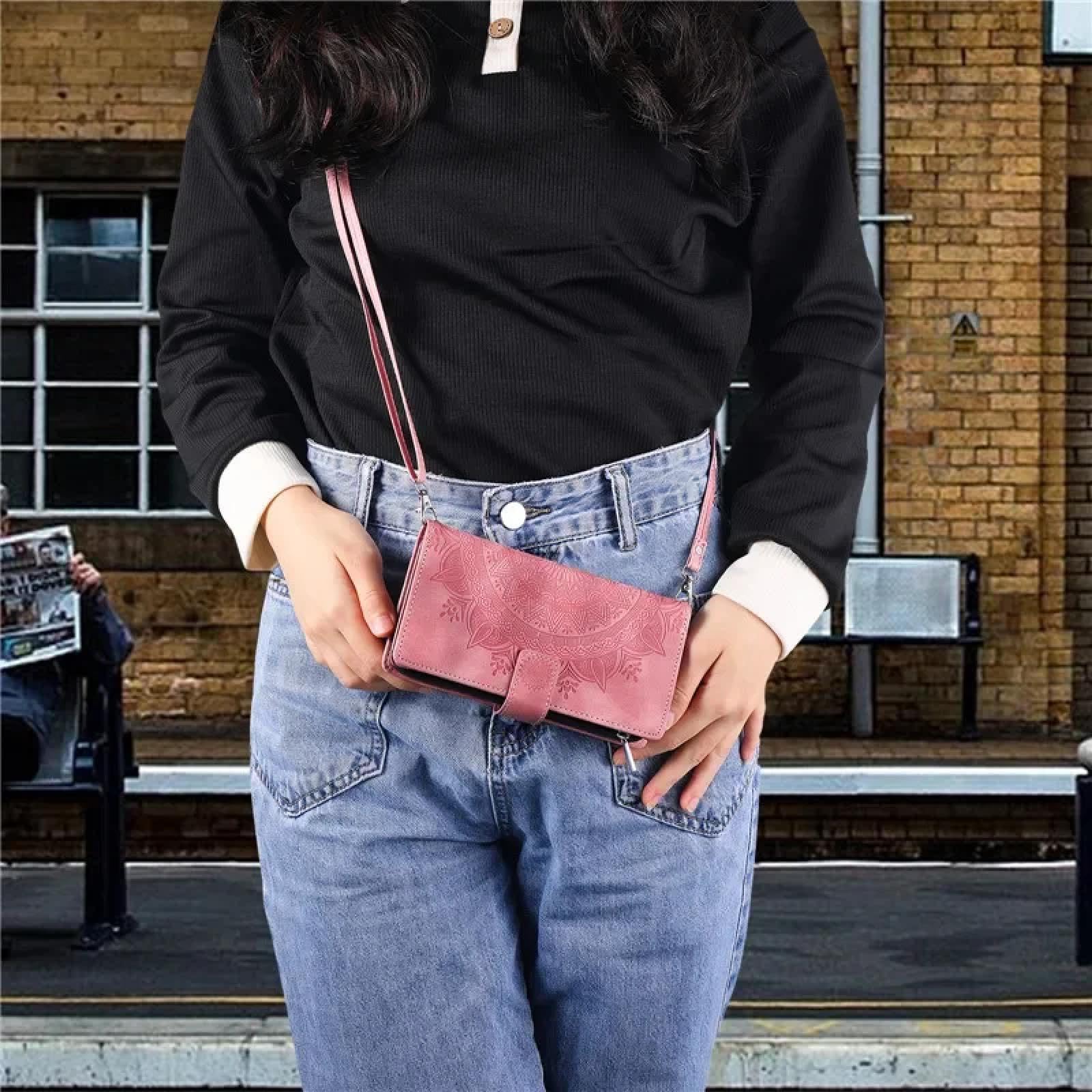 Do iPhone SE 2020 (2022) Etui Crossbody ze skóry z klapką, długi pasek na szyję, portfel na kartę, etui na telefon (do iPhone SE 2020 (2022)/różowy)