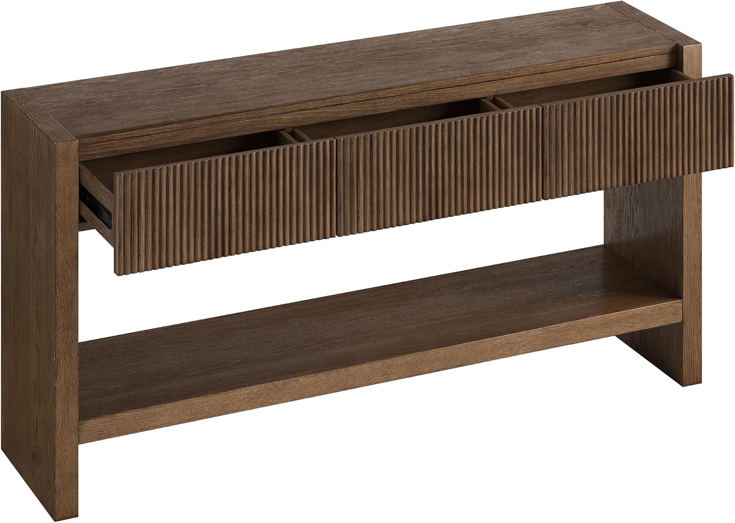 Henn&Hart 60" Rectangular Fluted Console Table, Ribbed Entryway Table, Sofa Table with 3 Storage Drawers and Open Storage Shelf for Entryway, Living Room, Couch, Hallway, or Office, Heritage Oak