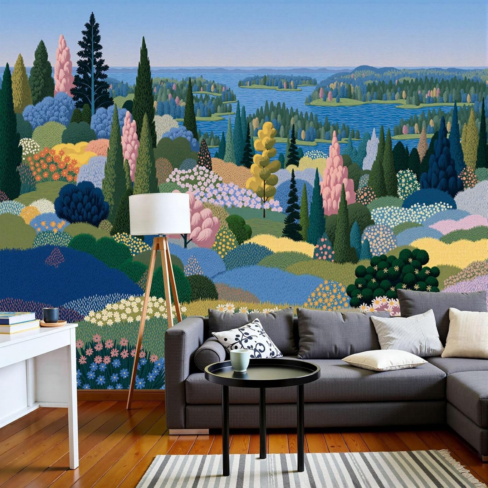 3D Effect Landscape Photo Wallpaper, Oil Painting, Non-woven Poster, Photo Wallpapers, Lakes, Gentle Hills, XXL Blue Wall, Living Room, Bedroom, Picture Wallpaper, 400cm x 280cm, Stickers - Frameless