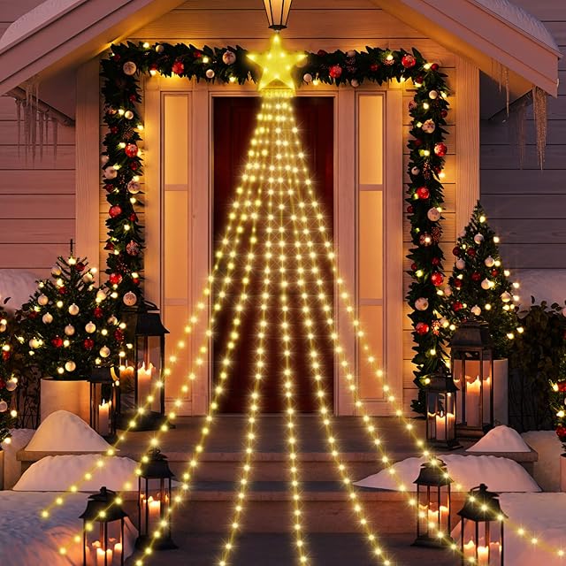 Christmas Lights Outdoor - 3.5M 290 LED 11ft x 8 Strand Christmas Tree Lights with Topper Star, 8 Lighting Modes Fairy Lights Mains Powered for Xmas Tree Christmas Decorations IP65 Waterproof