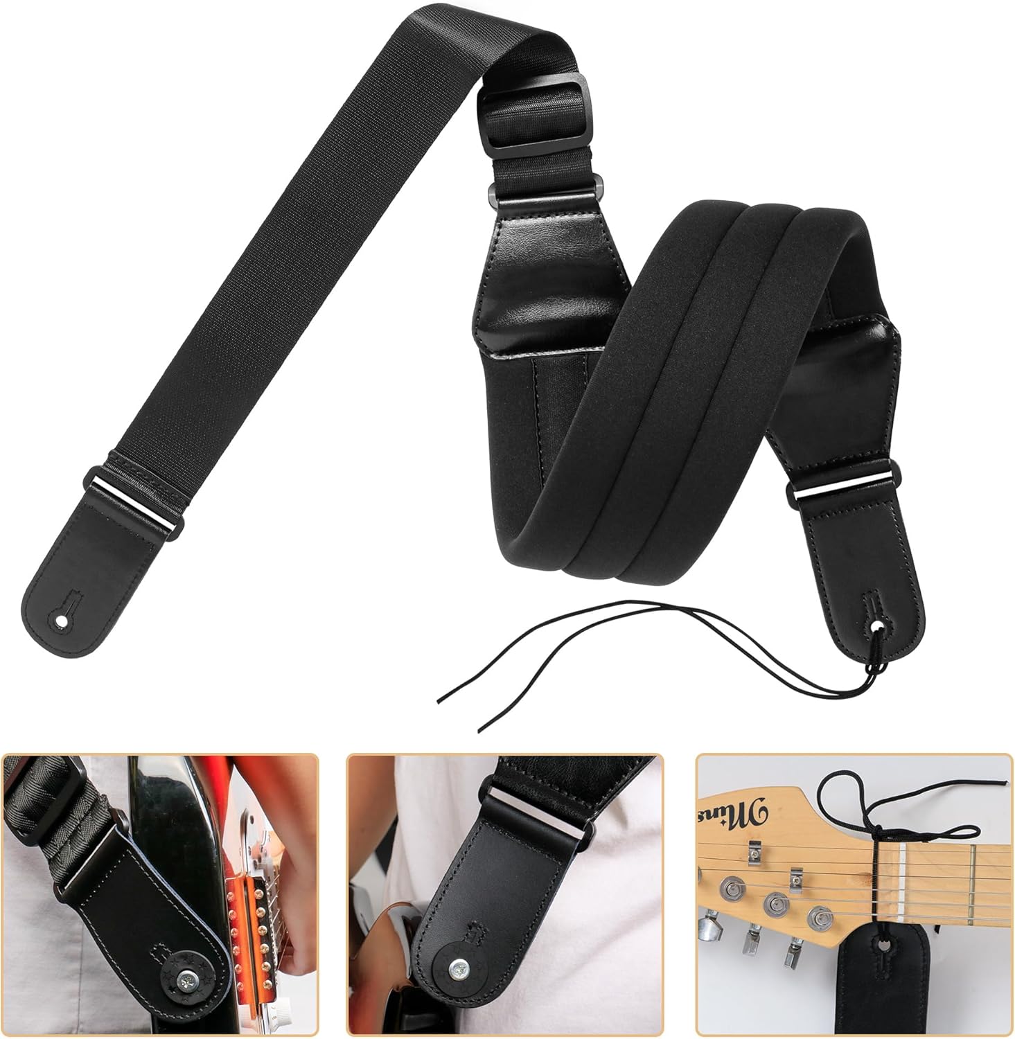 Wide Padded Guitar Strap Adjustable 45-55" for Electric Acoustic Bass, Comfortable Non Slip Strap with Locks Picks
