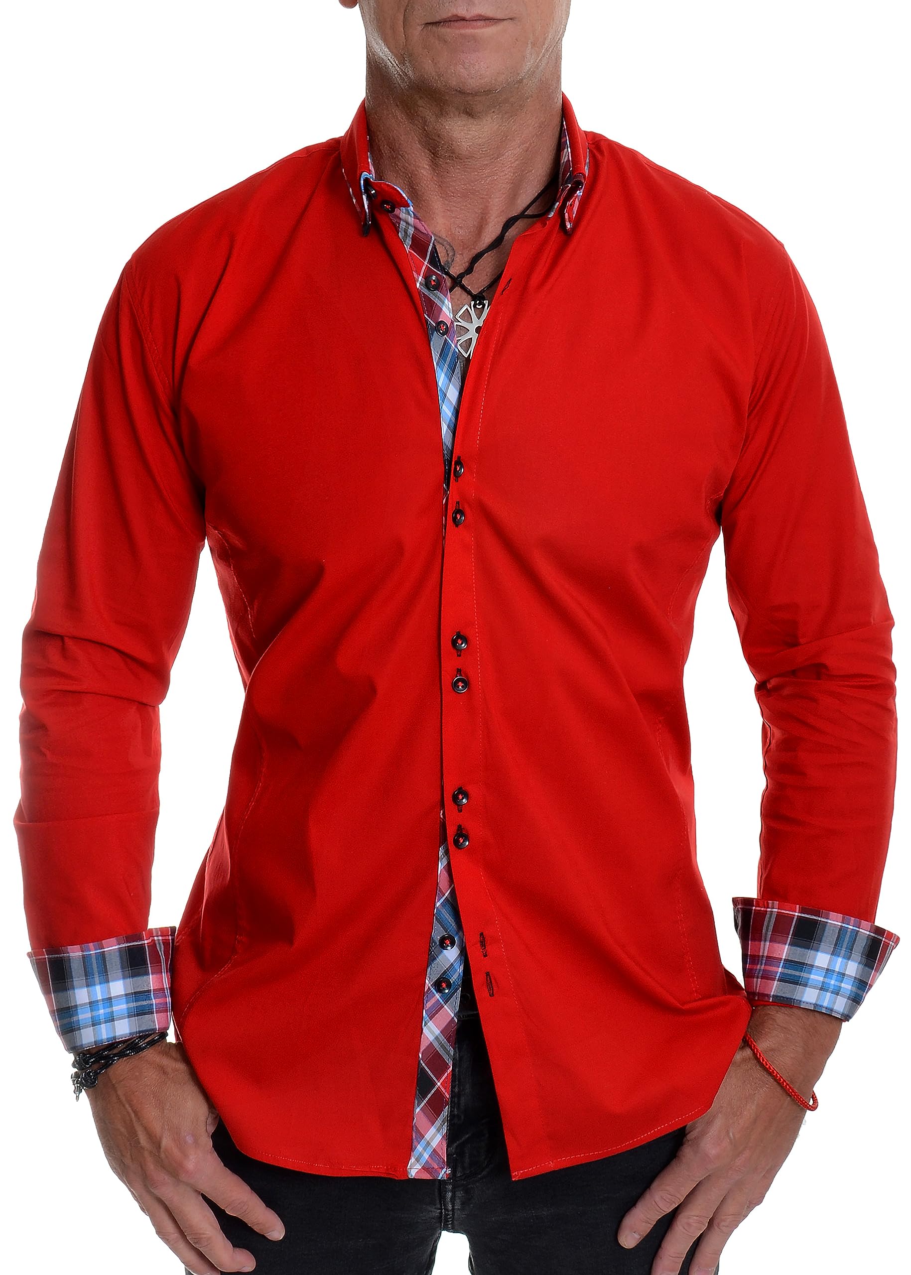 Mens Long Sleeve Smart Shirt with Classic Collar Slim Fit Italian Design … (Red, Medium)