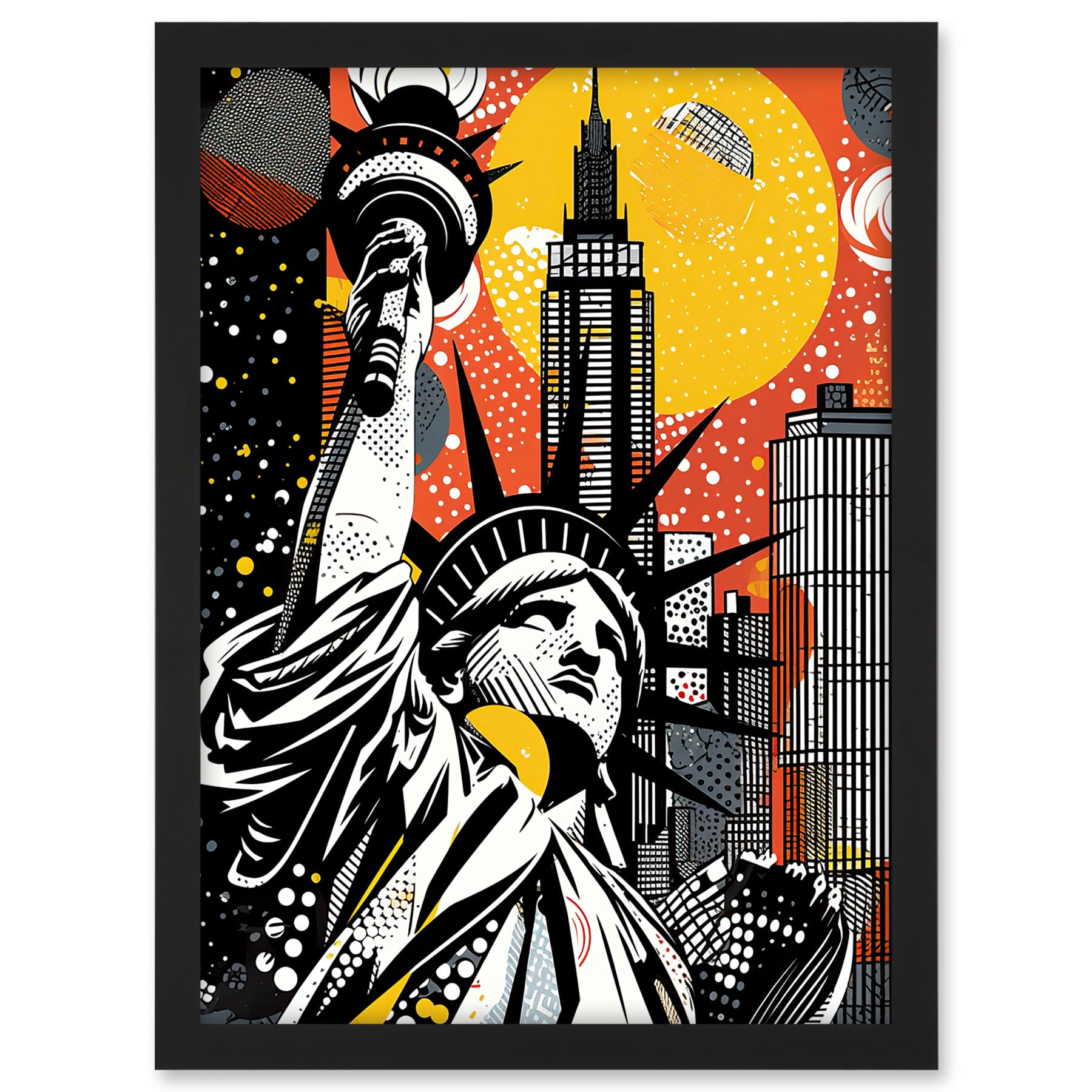 Artery8 New York Collage Halftone Pop Art Comic Book Statue of Liberty Skyscraper Abstract Artwork Framed A3 Wall Art Print