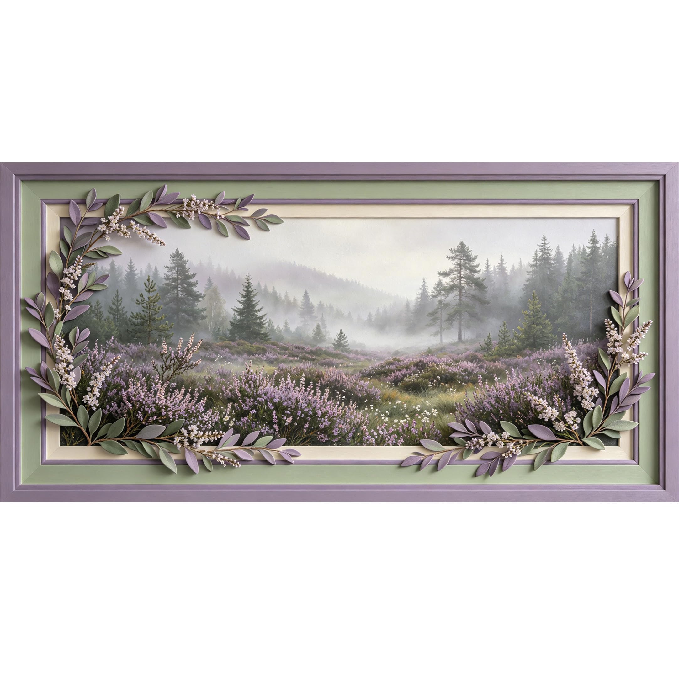 Agglomerix 3D Framed Wall Art Misty Forest Purple Heather Flower Botanical Landscape Textured Large Size SelfAdhesive Removable Wall Decor Prints Artwork for Living Room Bedroom Office