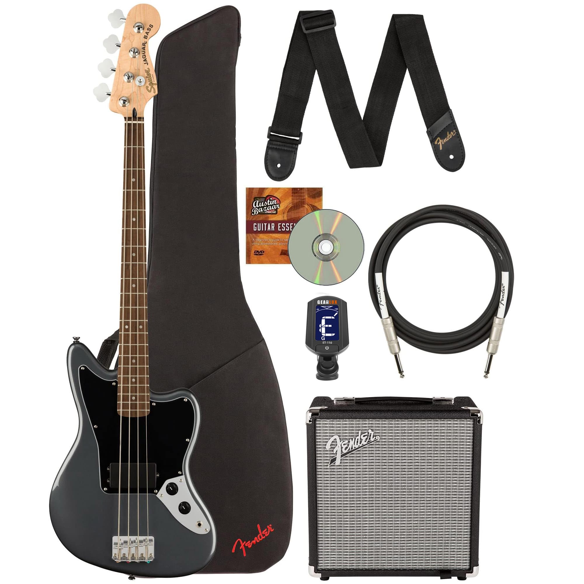 Fender Squier Affinity Jaguar Bass H - Charcoal Frost Metallic Bundle with Rumble 15 Amplifier Instrument Cable Gig