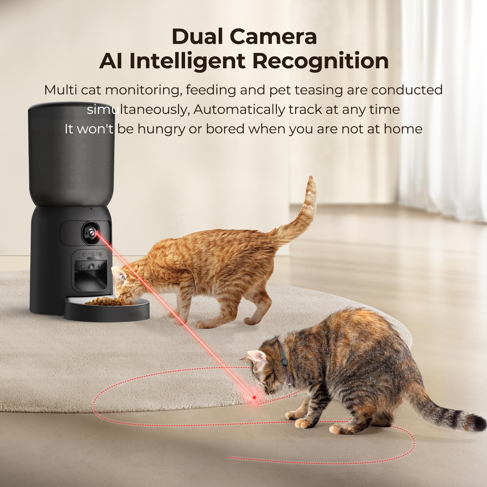 PF4-6L Distributore Crocchette Gatto Automatico, WiFi Doppia Fotocamera - Visione Orientabile IA Monitoraggio Mobile, Ciotola In Acciaio Modalità Pasto Lento, Programmabile & Porzionato, Batteria di