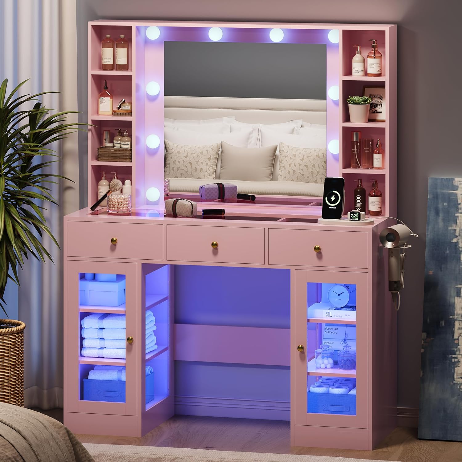 Makeup Vanity Desk with Mirror and Lights, Glass Top Vanity Table Set with Drawers & Power Outlet, Large Dressing Table with 3 Color Lighting Modes & RGB Cabinets for Women Girls Kids Bedroom, Pink