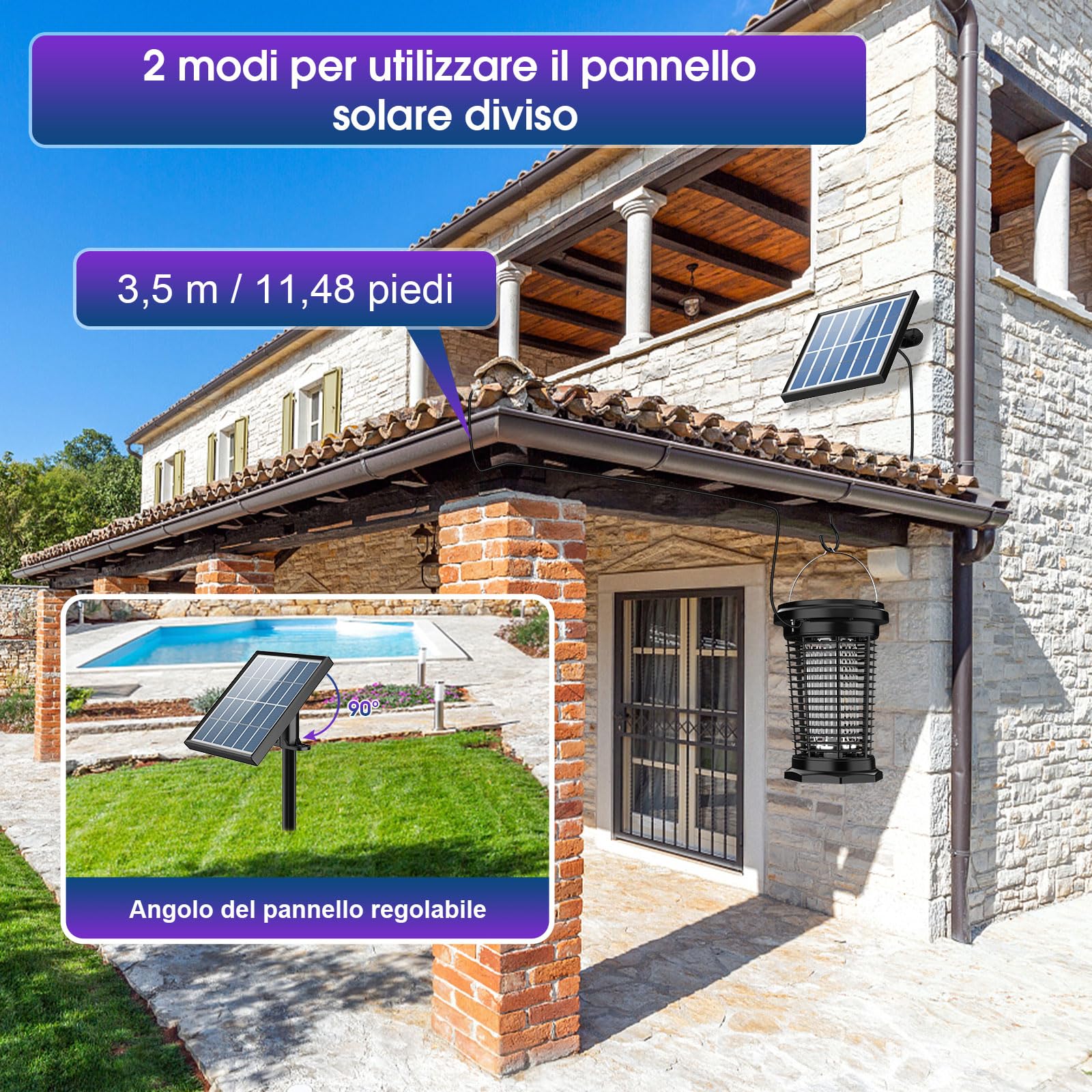 PALONE Lampada Antizanzara Solare 4500V da Appendere | Ricarica USB, Dotato di Pannello Solare Regolabile da 5,5W/5V e Cavo da 3,5m, Lunga Autonomia per giardini e spazi esterni