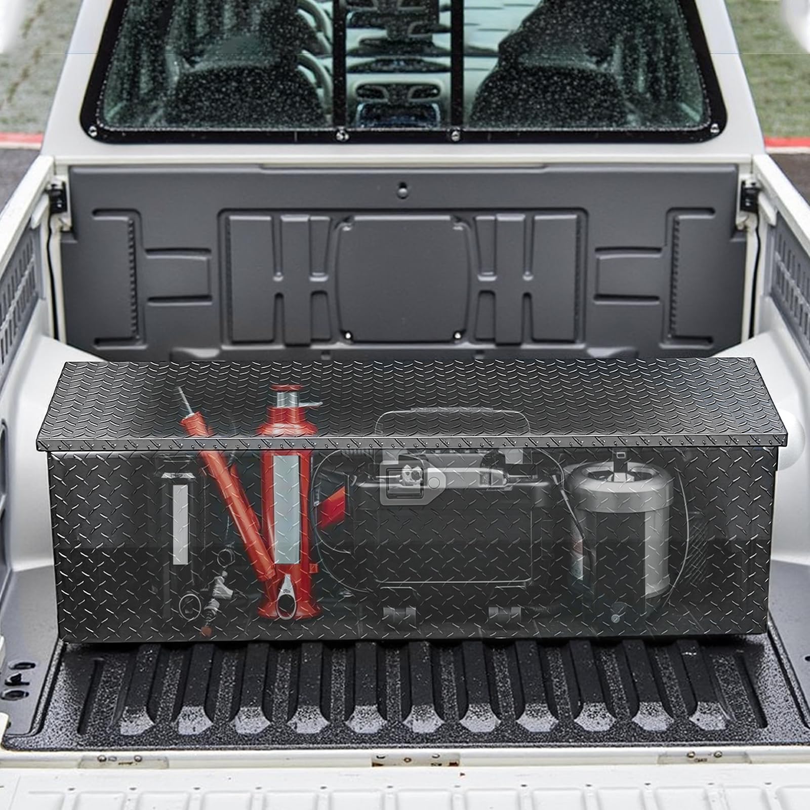VEVOR Cassetta Portautensili in Alluminio per Cassone di Camion, con Piastra Diamantata, Maniglia Laterale e Chiavi di Blocco, Organizzatore per Rimorchi, Camper, 1244,6 x 381 x 381 mm, Nero