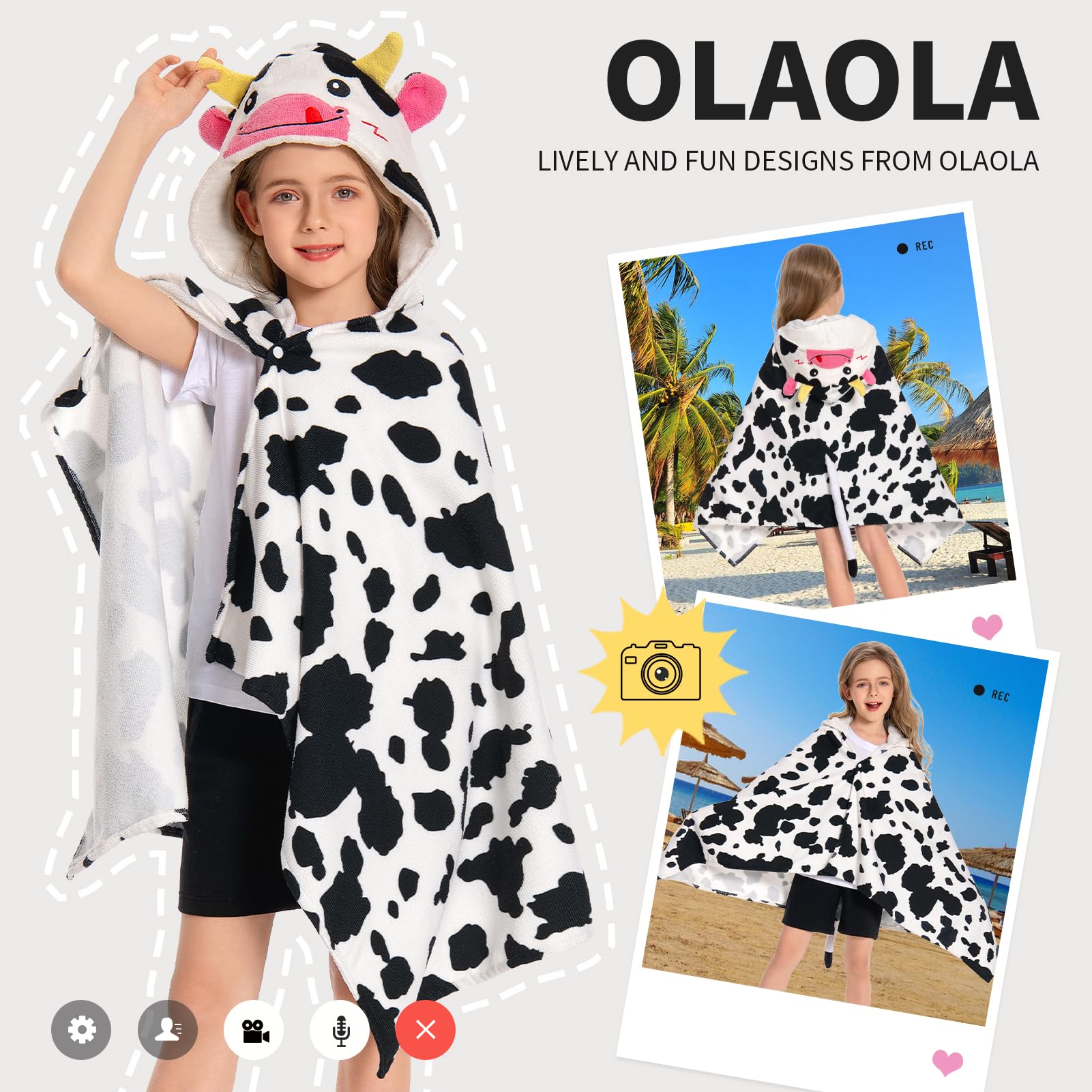 OLAOLA Toalla de Baño con Capucha para Niños, Toallas de Playa Microfibra Suave para Nadar Surfear, Poncho de Baño para Niños y Niñas de 3 a 12 Años (Vaca)