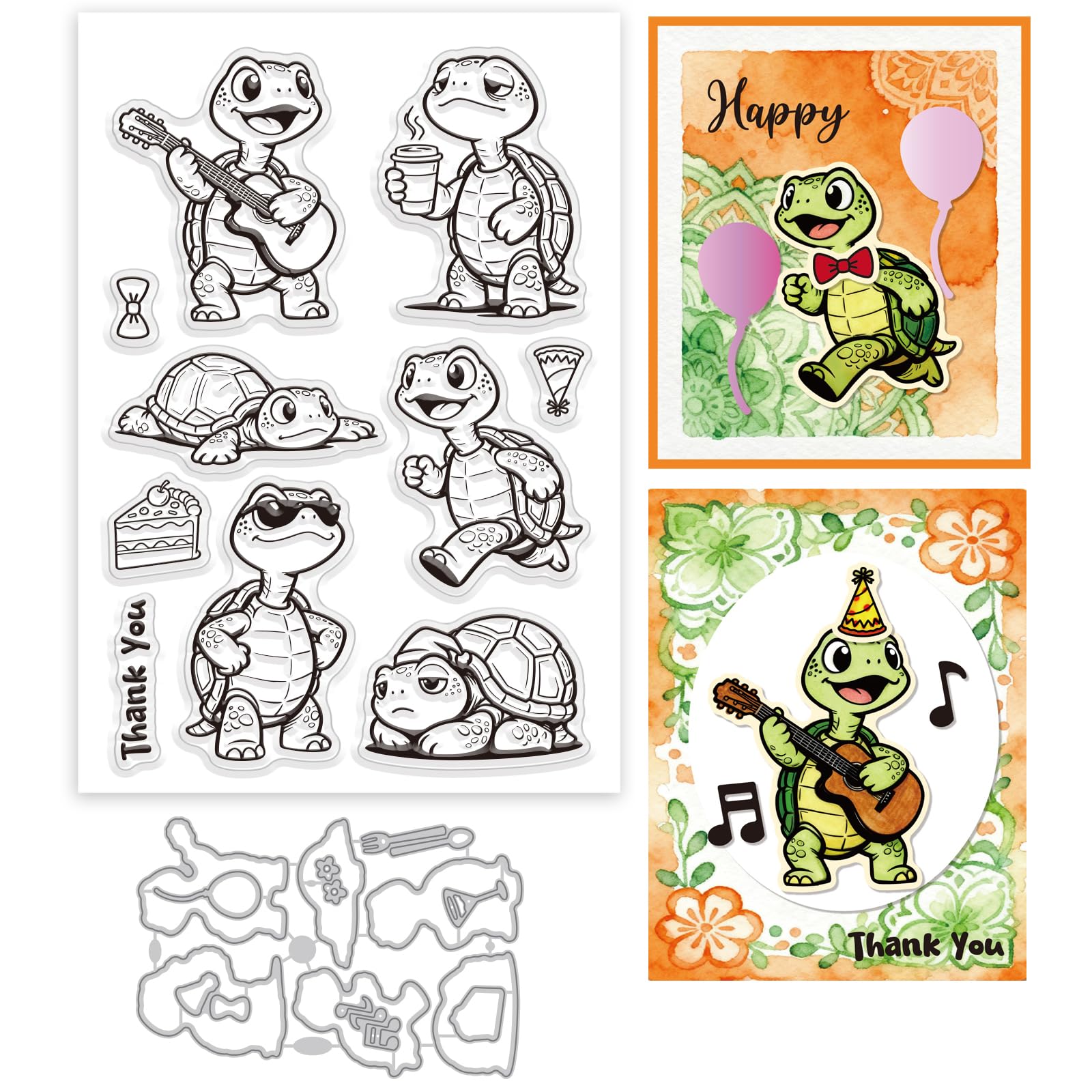 GLOBLELAND Cartoon Tortoise Clear Stamps and Cutting Dies Set for Card Making Interesting Tortoise Silicone Transparent Stamp Funny Turtle Die Cuts for DIY Scrapbooking Embossing Photo Album