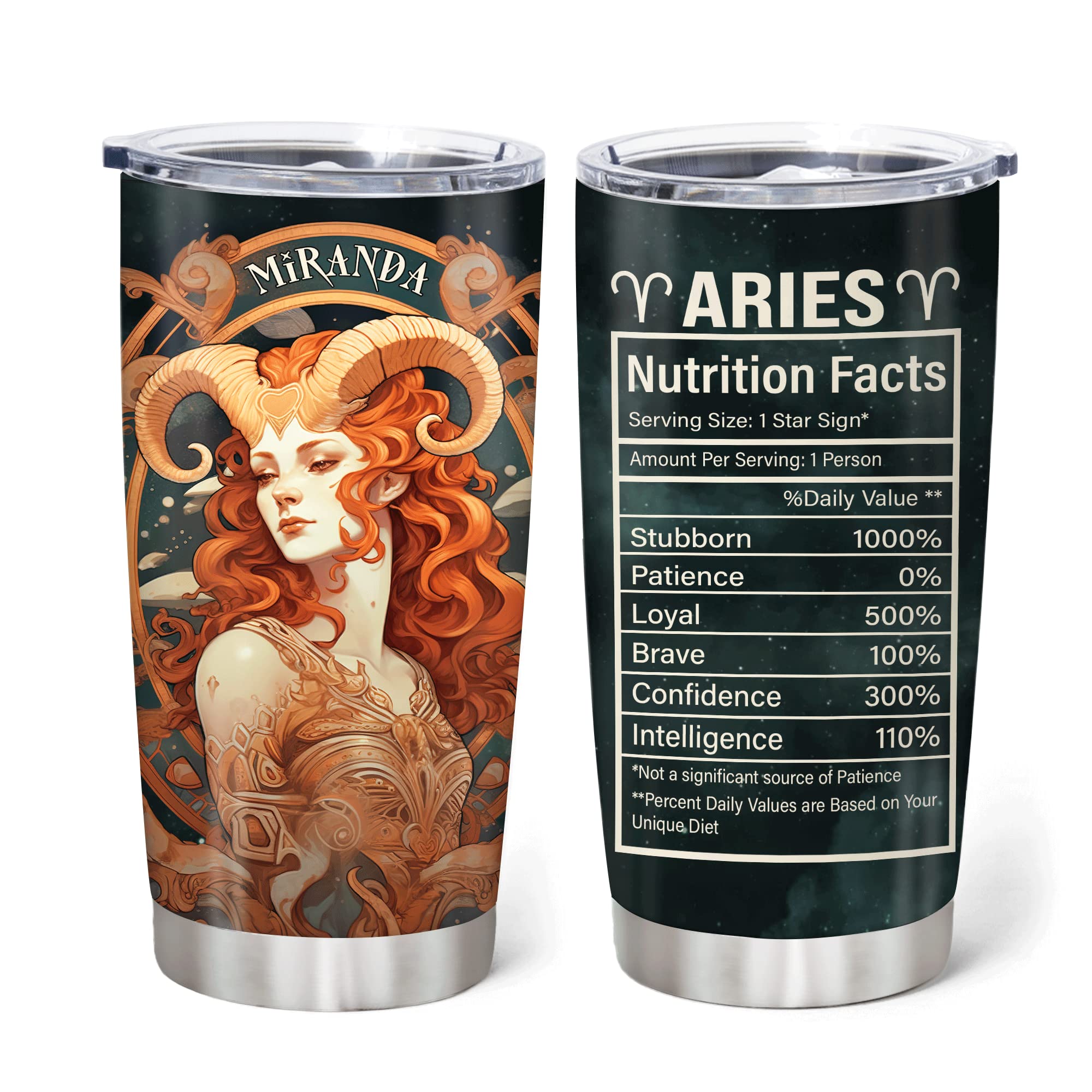Hyturtle Personalized Aries Tumbler Gifts for Women - Birthday Gifts for Aries Zodiac Sign - Astrology Gifts - Constellation Tumbler - Aries Nutrition Facts Custom Name 20oz Stainless Steel Tumbler