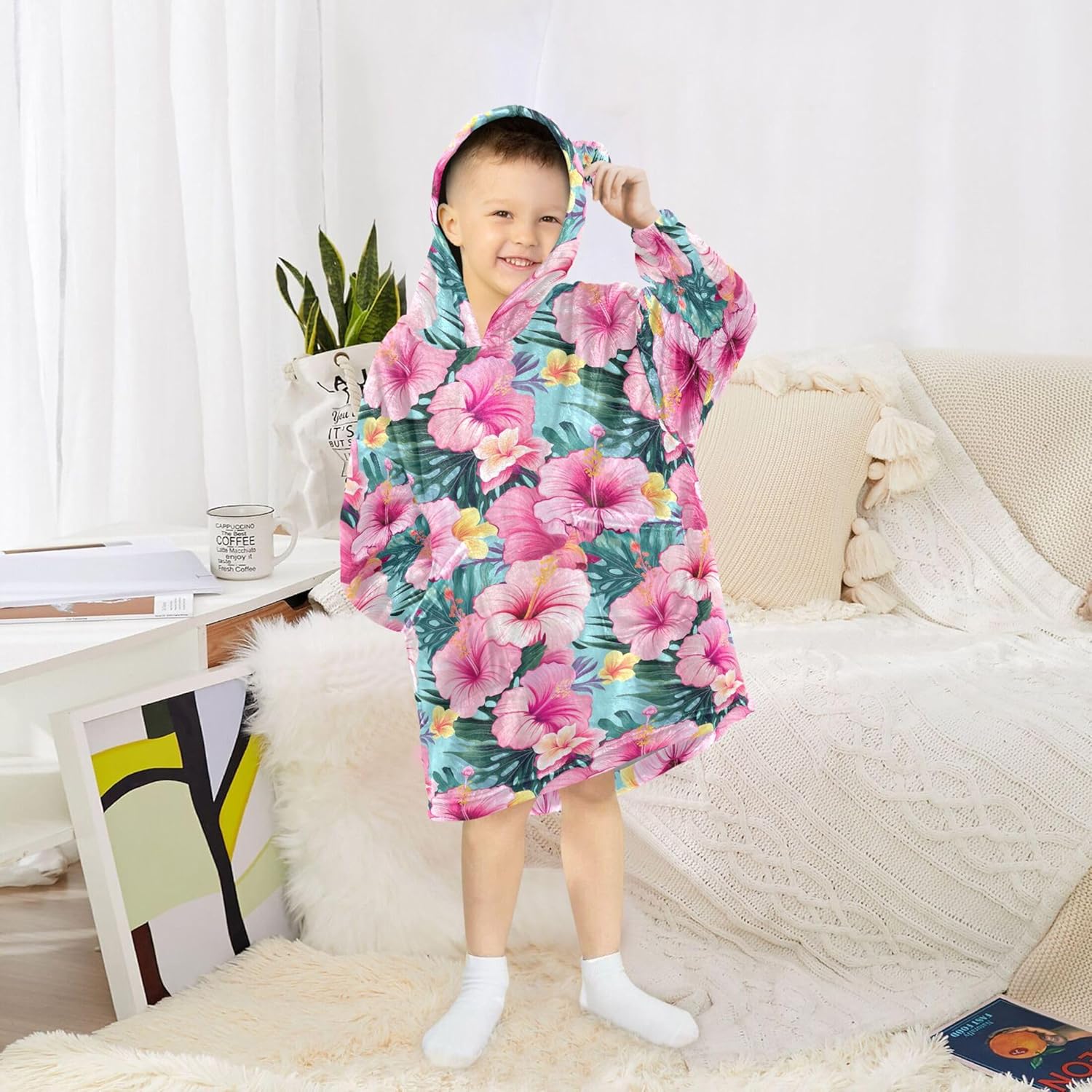Pink Flowers Summer Kids Wearable Blanket Hoodie with Pocket and Sleeves for Toddlers, Cute Hoodies Girls B0403724