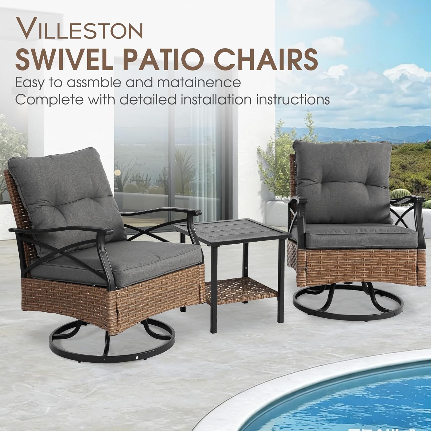 Patio Swivel Rocker Chairs and Table Bistro Set, Outdoor 3 Piece Wicker Conversation Furniture Set, 360° Rattan Rocking Chair with Cushions, for Porch, Garde, Lawn, Outside, Grey